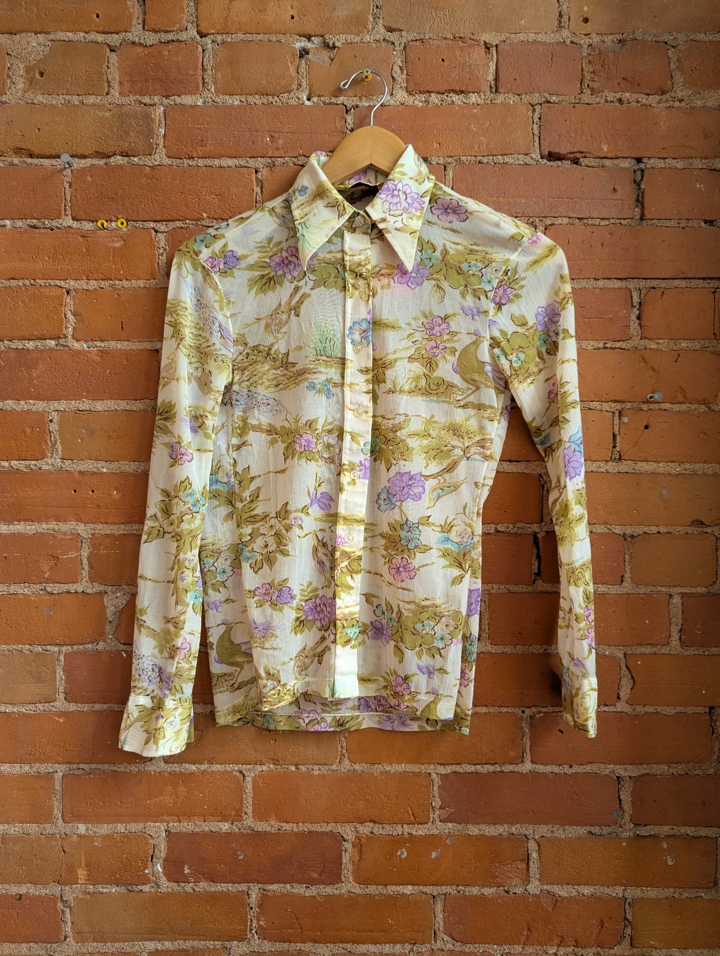 1970s Debra Lin Sheer Floral Print Blouse