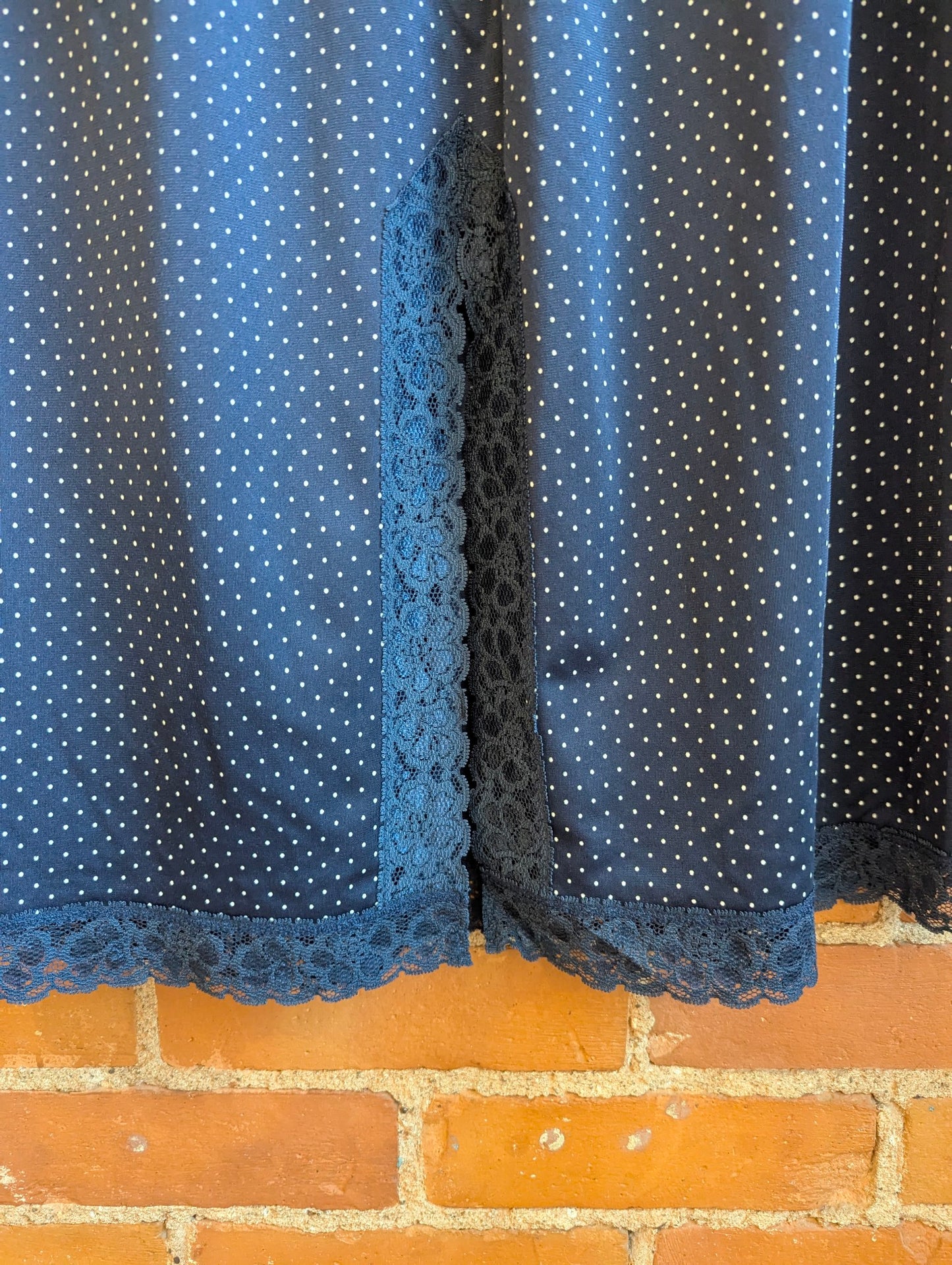 1980s Navy Blue Slip Skirt With White Micro Polka Dots