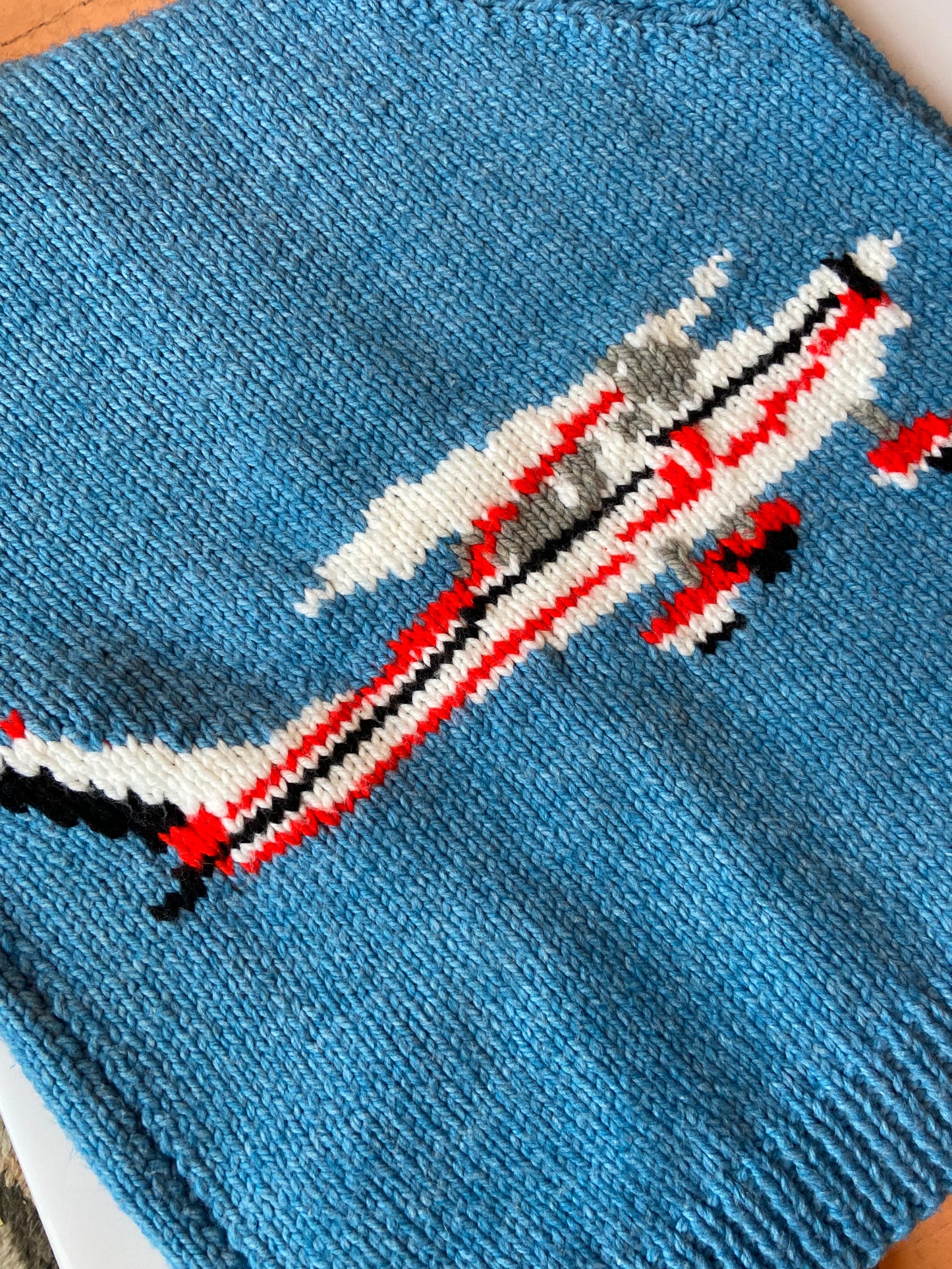 Sky Blue Airplane Mary Maxim Zip Sweater