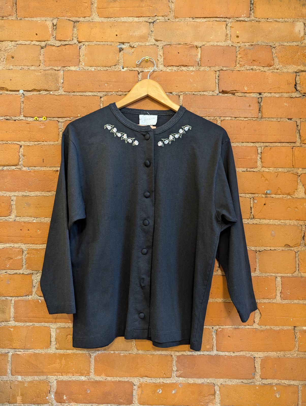 1990s Jessica Black Cardigan With Floral Embroidered Details
