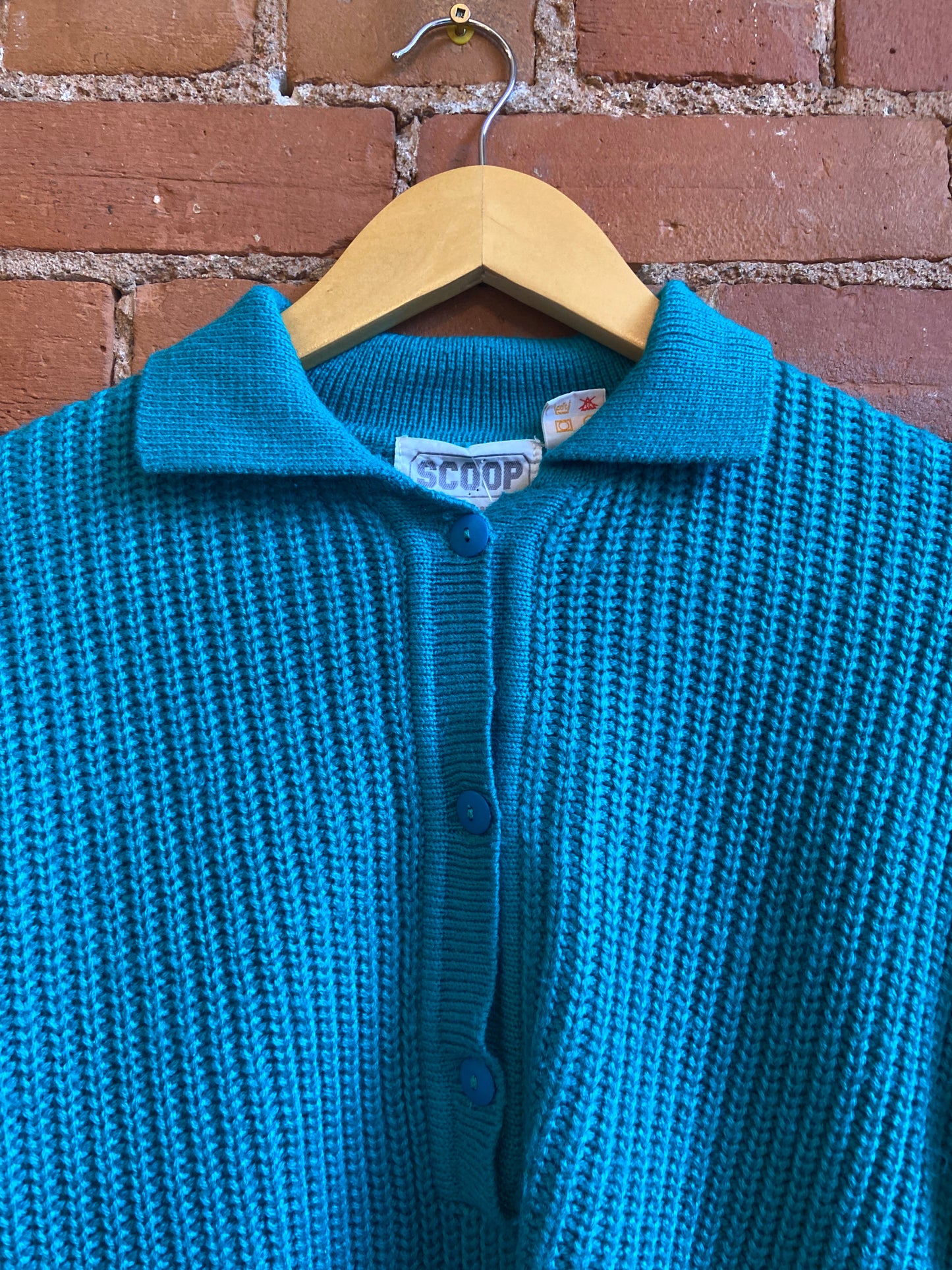 1980s Scoop Teal Green Sweater With Button Neckline
