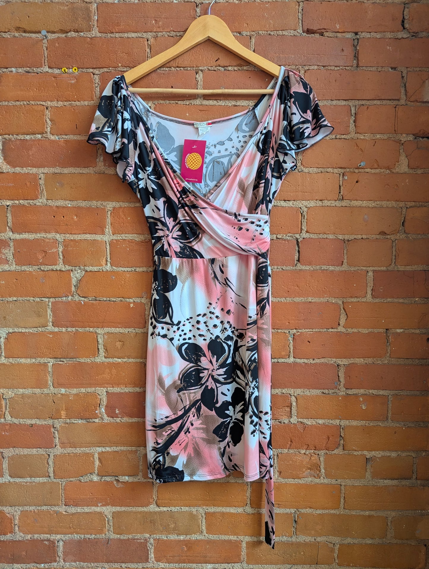 Y2K Touch 9 Wrap-Front Mini Dress With Pink, Brown and Black Floral Print