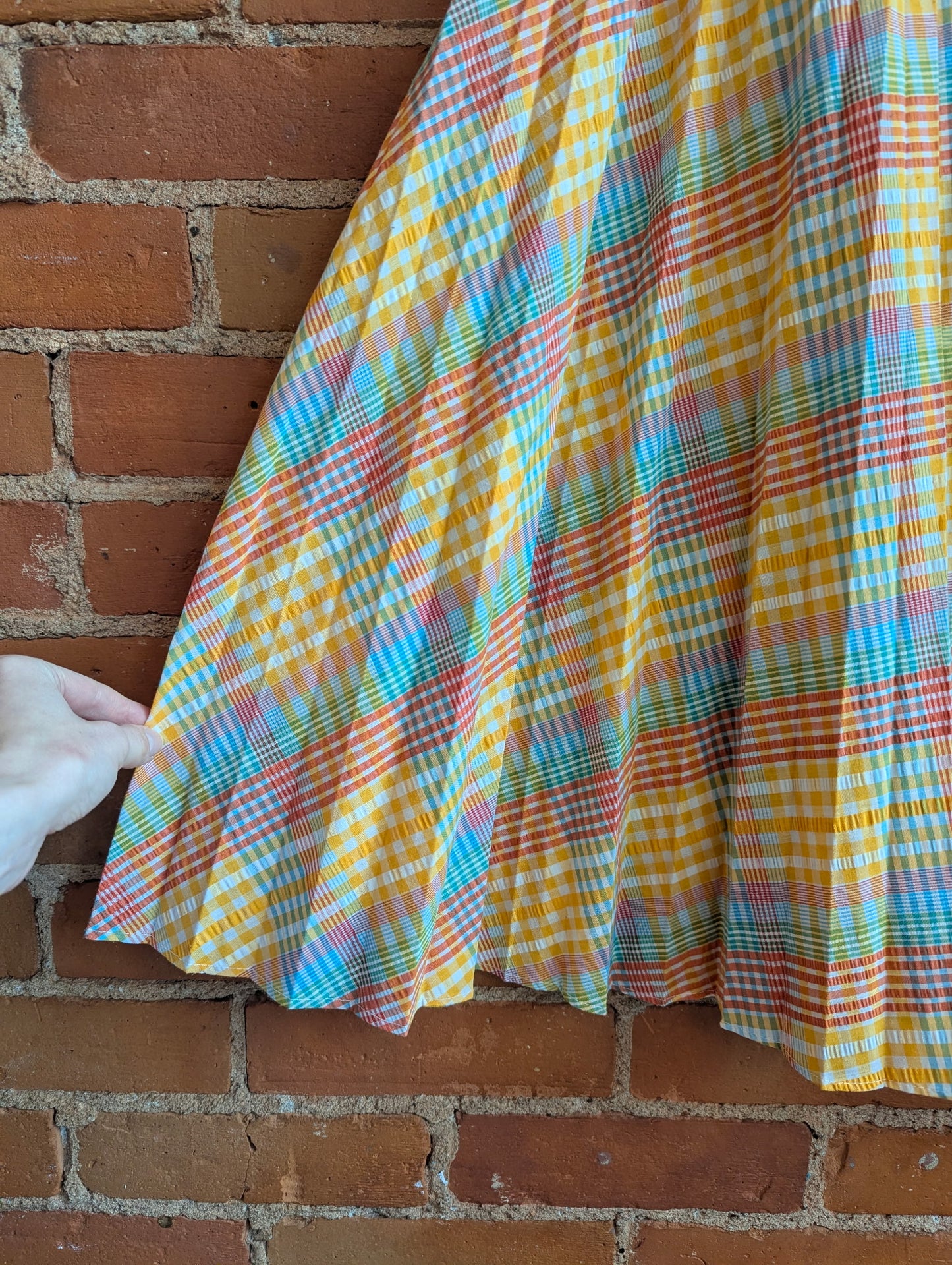 1970s Seersucker Pleated Plaid A-Line Midi Skirt