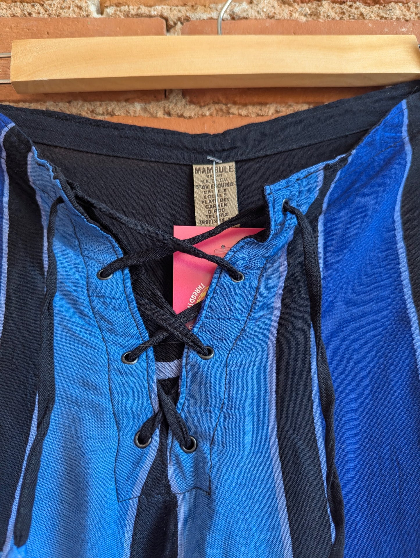 1990s Mambule Blue and Black Striped Pants With Lace Up Waist