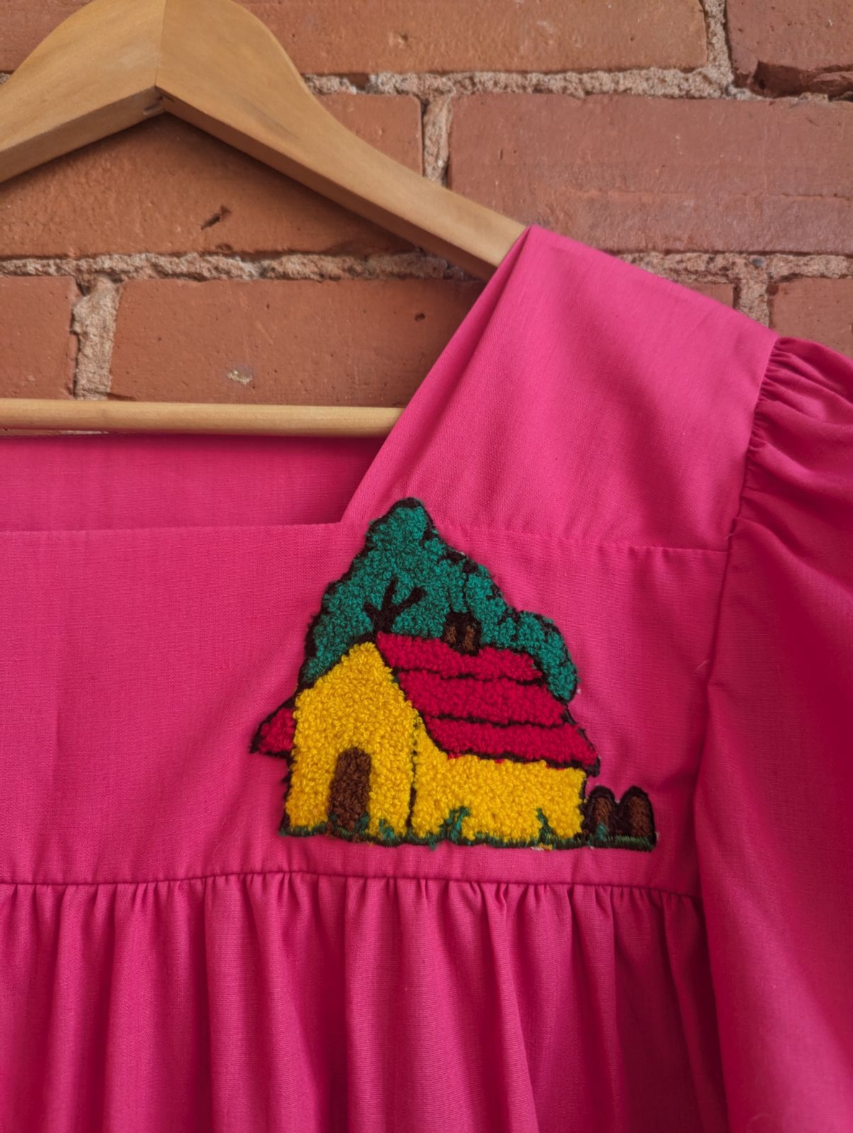 1970s Bordados Tiscareña Bright Pink House Dress With Latch Hook Details