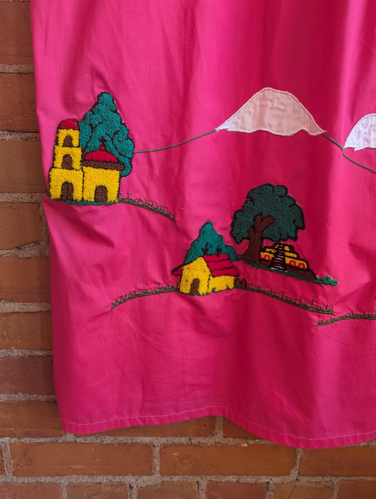 1970s Bordados Tiscareña Bright Pink House Dress With Latch Hook Details