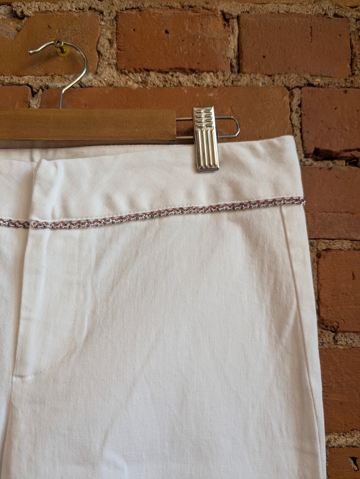 1990s/Y2K Spacegirlz White Flare Pants With Pink Rhinestone Trim