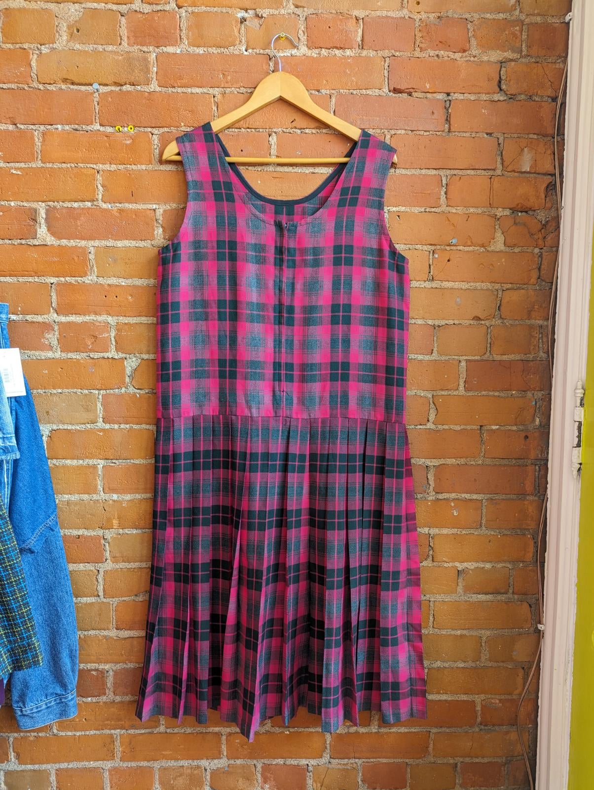 1990s Pink and Black Plaid Dress