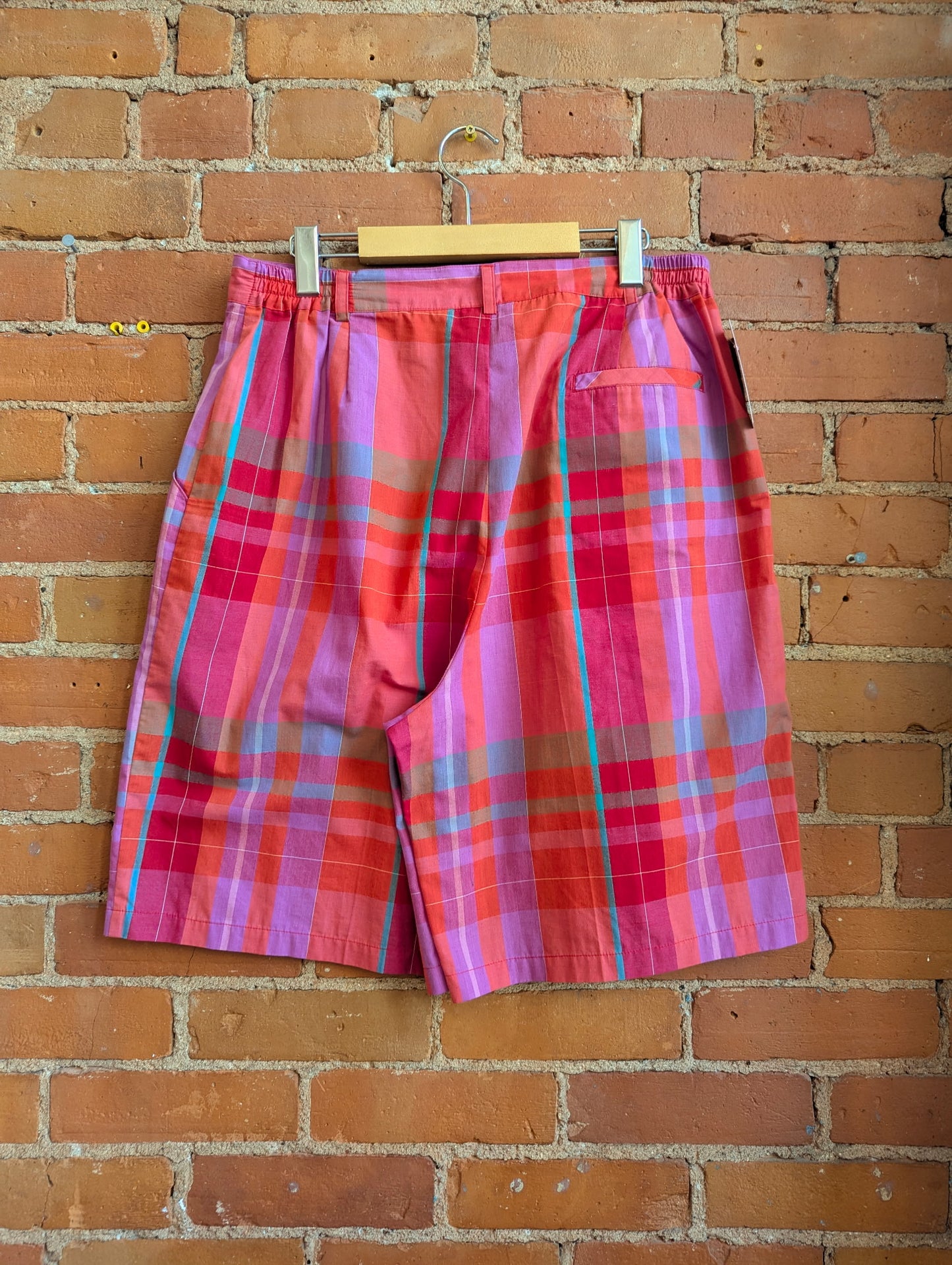1980s Tabi International Orange, Pink and Green Plaid Longline Shorts