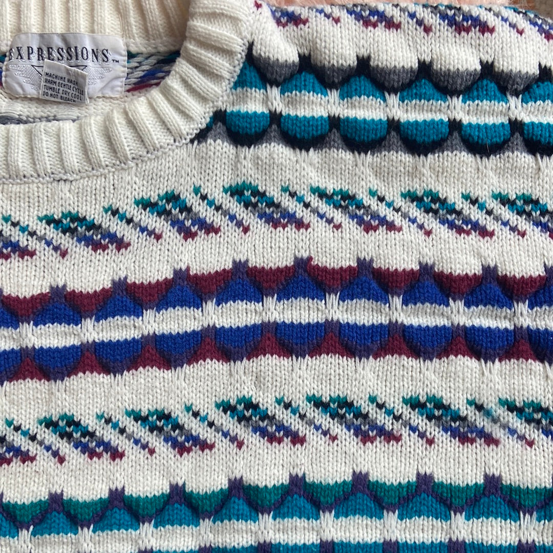 White & Teal Patterned Sweater