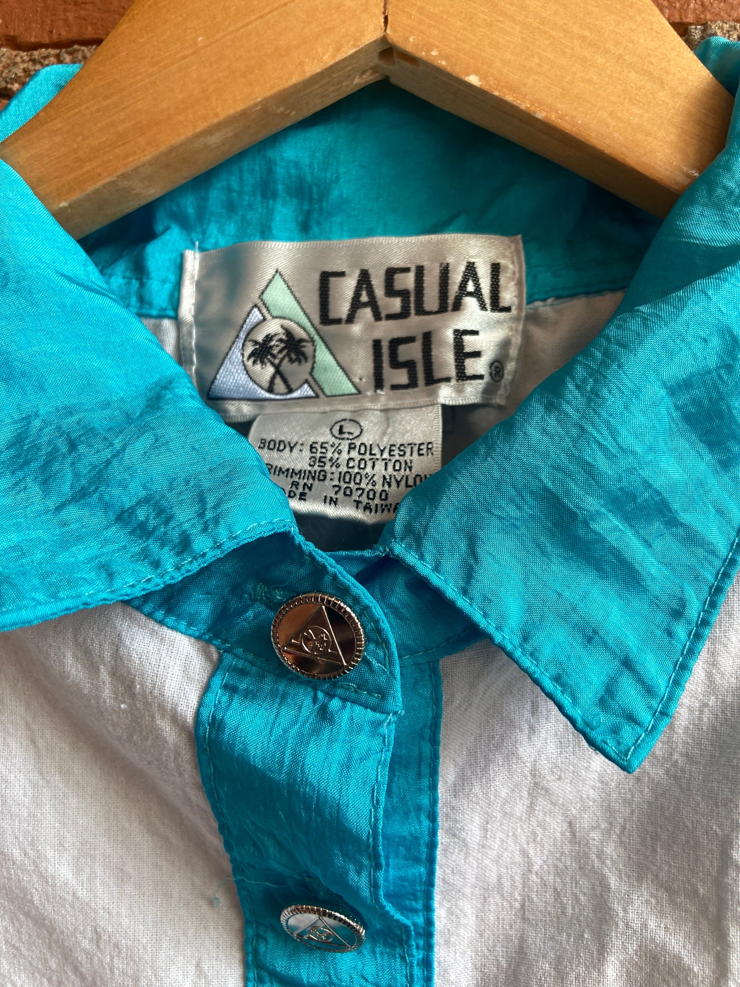 1980s Casual Isle White Polo Shirt With Blue, Yellow, Green and Pink Accents