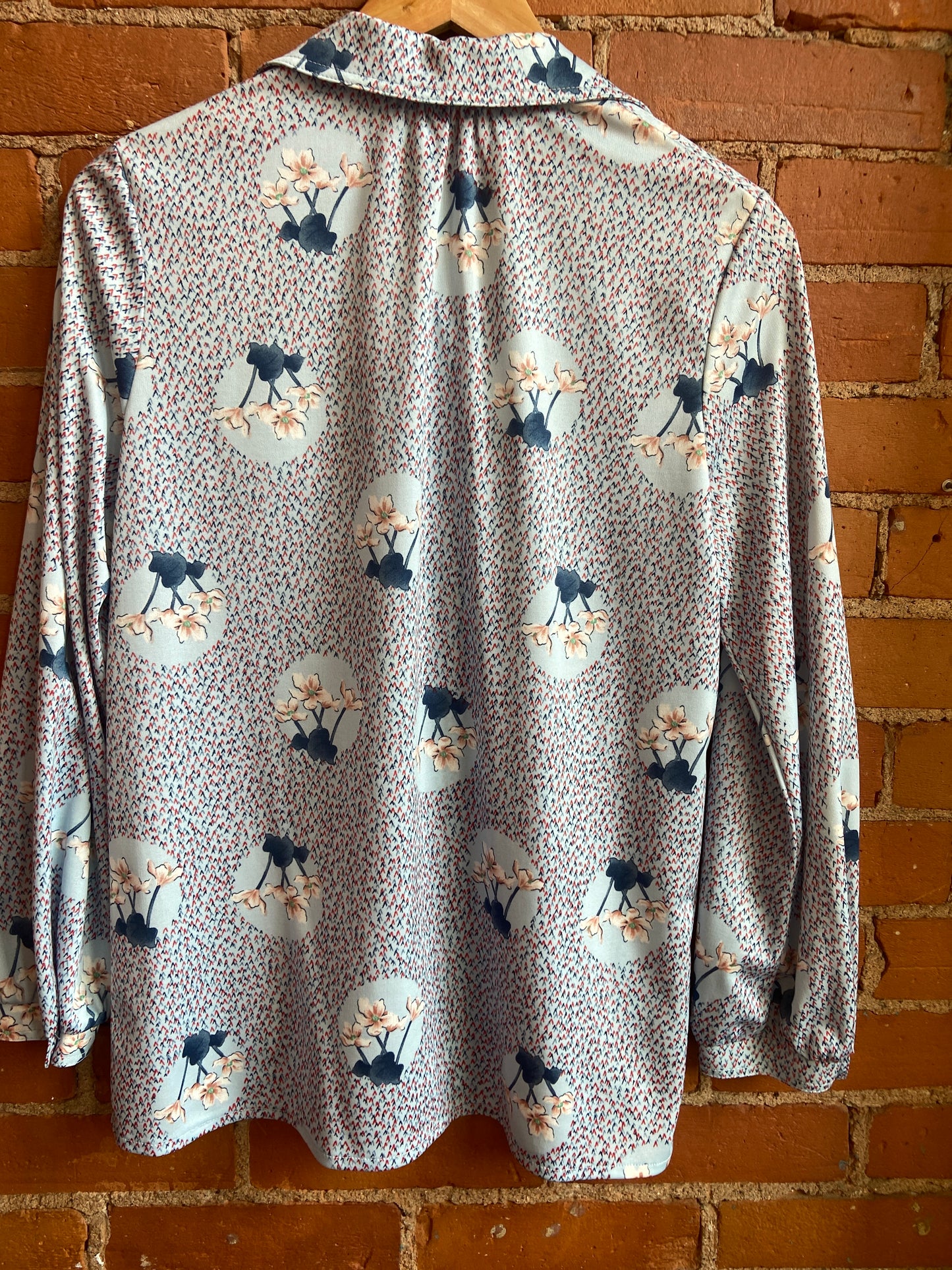 1970s Paris Star Blue and Red Abstract Floral Print Blouse