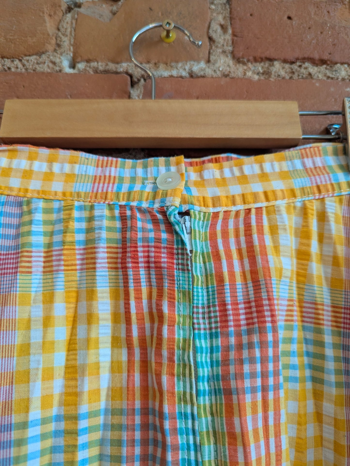 1970s Seersucker Pleated Plaid A-Line Midi Skirt