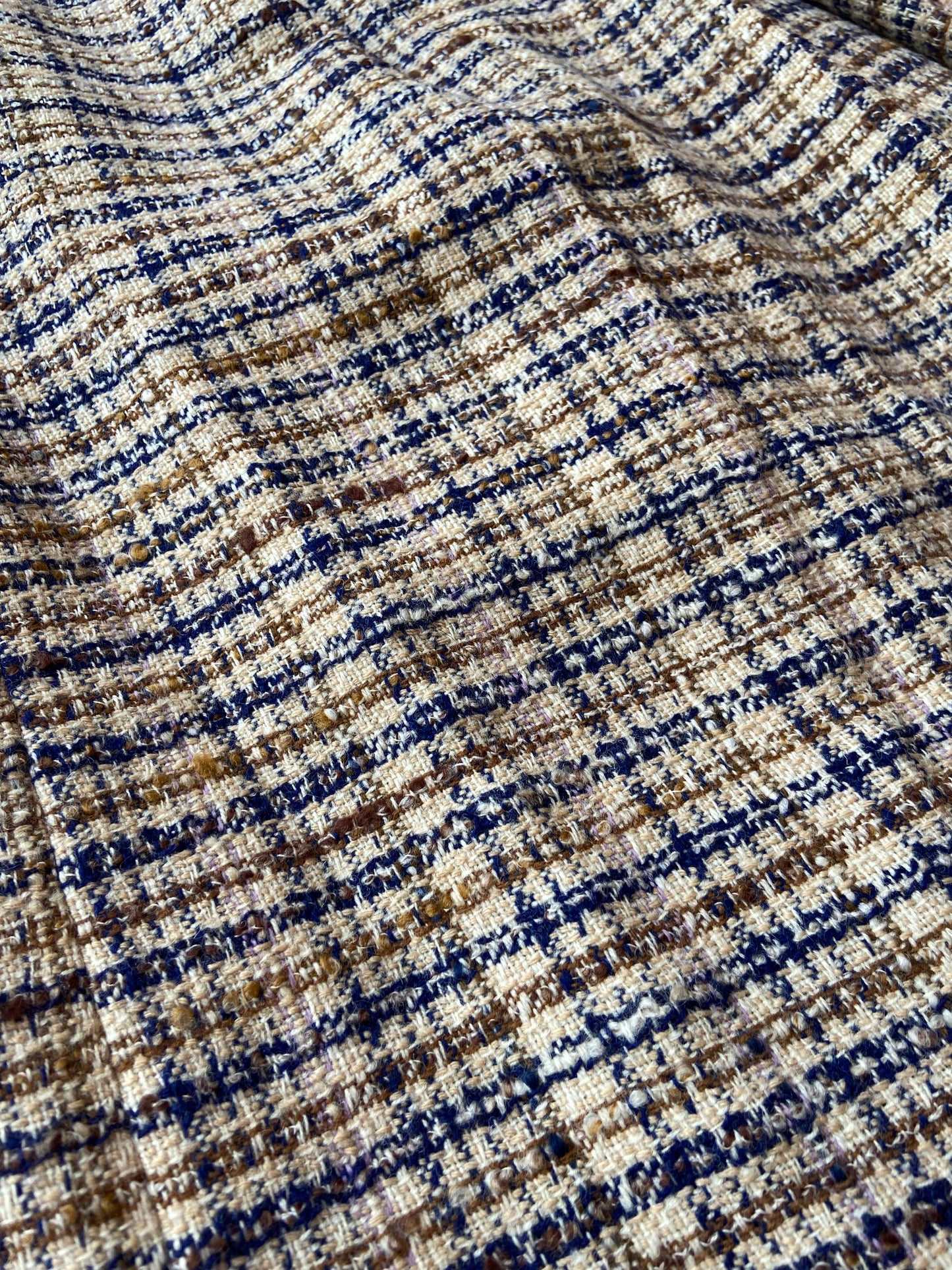 Beige & Navy Wool Plaid Belted Skirt