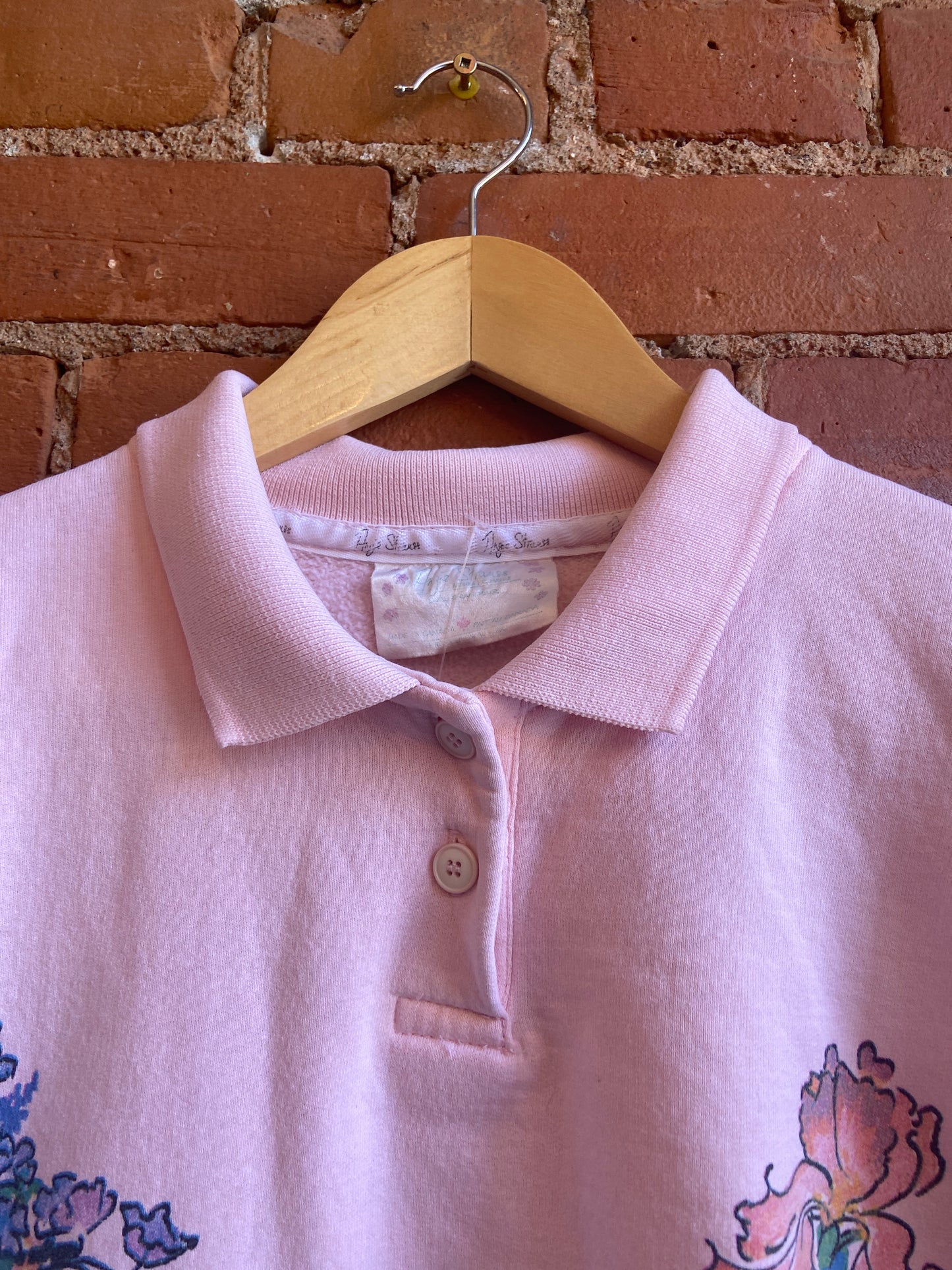 1980s Angie Strauss Baby Pink Collared Sweatshirt With Floral Graphic