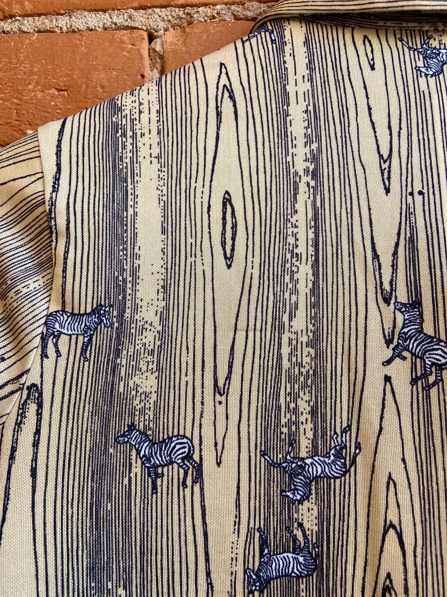 1970s Wayne Taylor Dagger Collar Shirt With Faux Woodgrain and Zebra Print