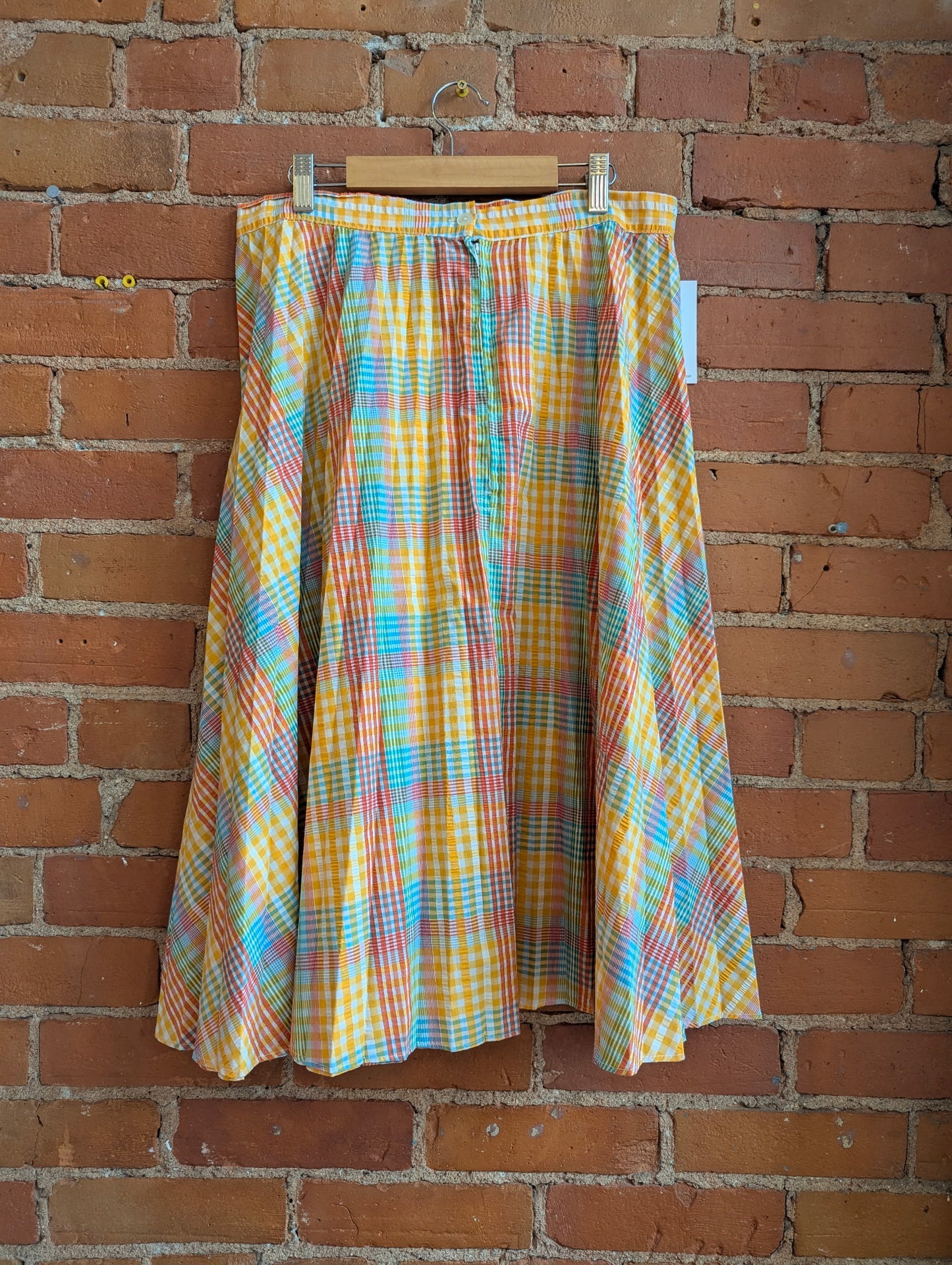 1970s Seersucker Pleated Plaid A-Line Midi Skirt