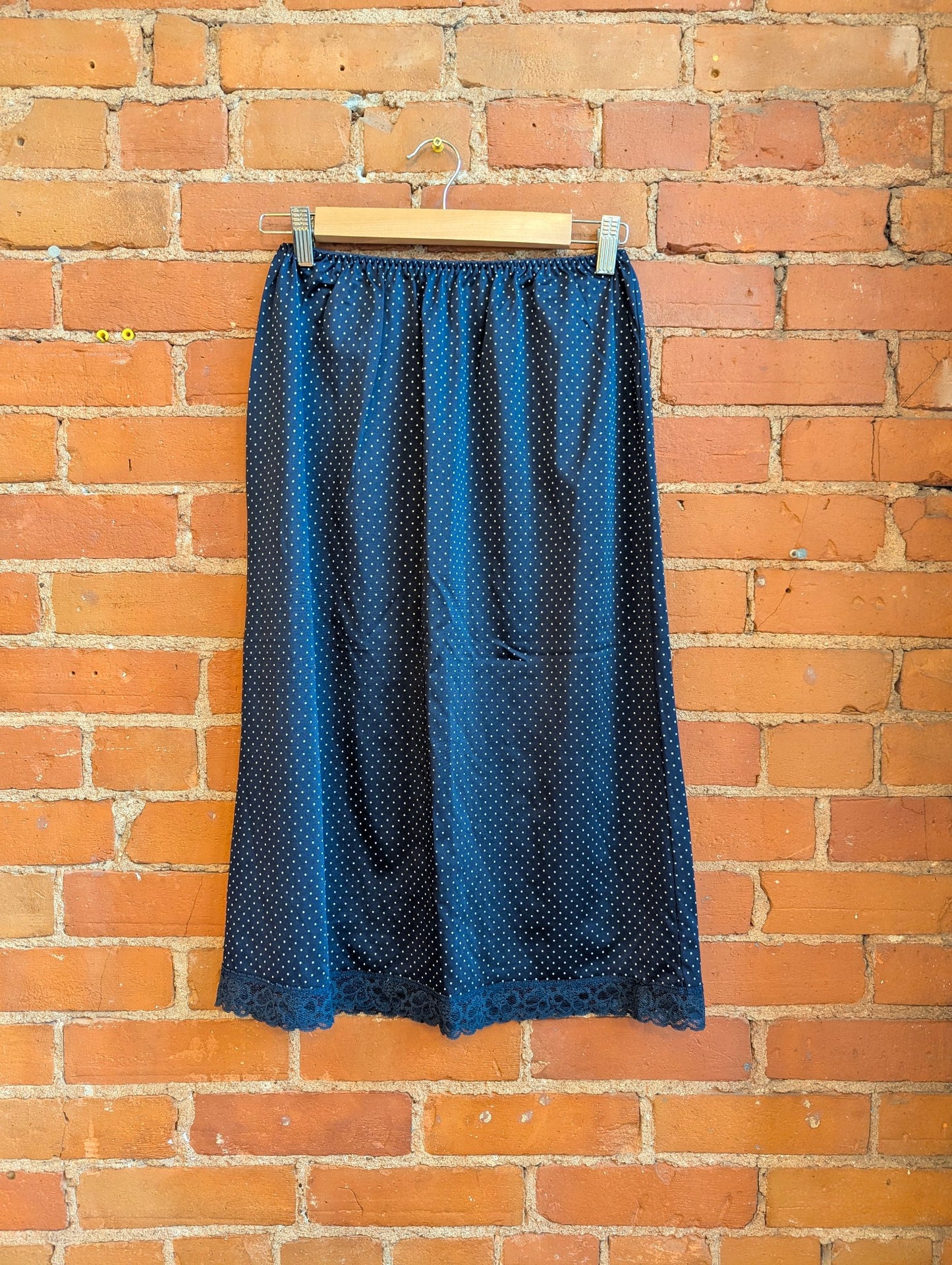 1980s Navy Blue Slip Skirt With White Micro Polka Dots