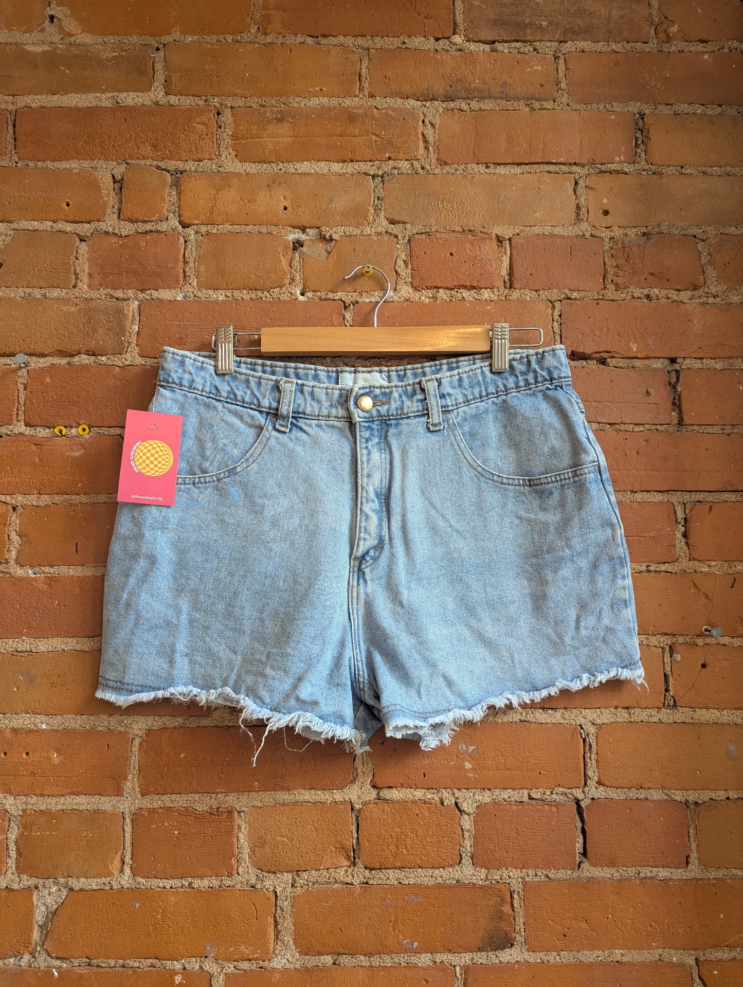 1990s Zig Zag Light Wash Denim Cutoff Shorts With Bleach Details