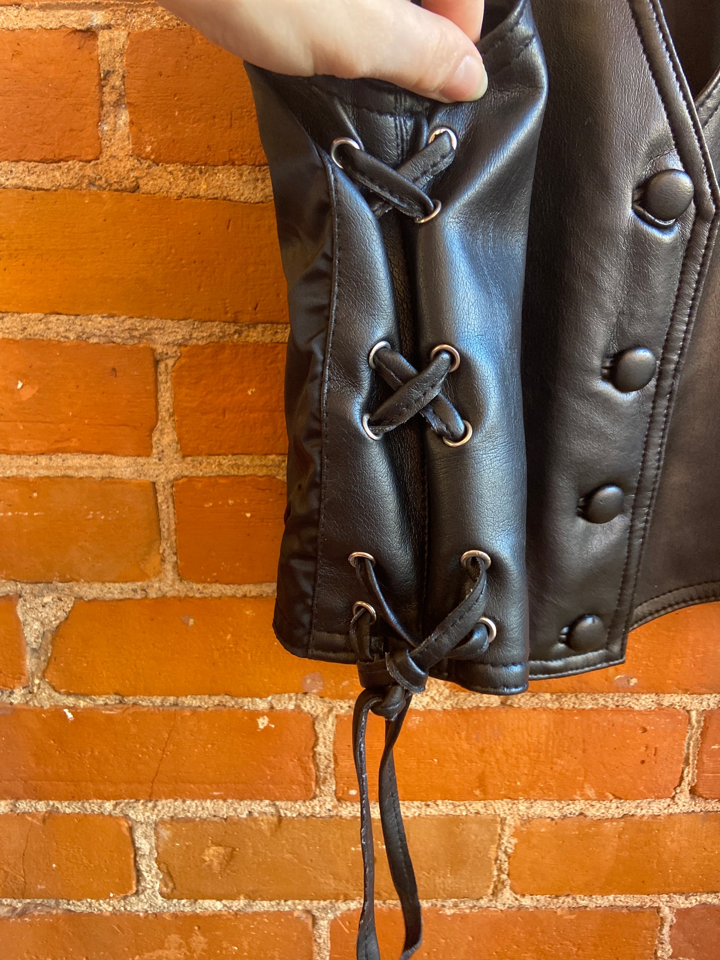 1990s Cosa Nova Black Vest With Pleather Front and Lace-Up Side Details