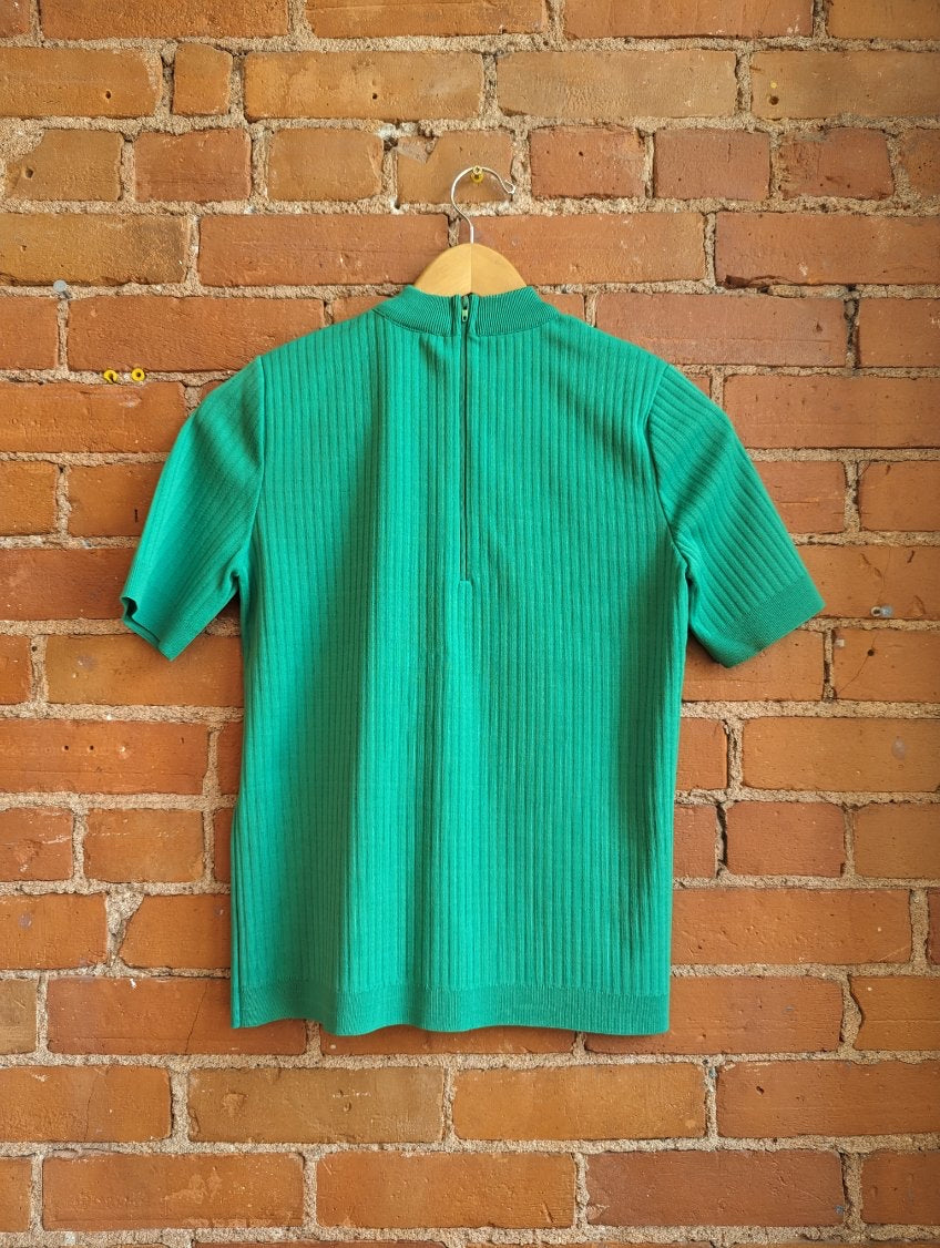 1970s Paris Star Green Ribbed Short Sleeve Top