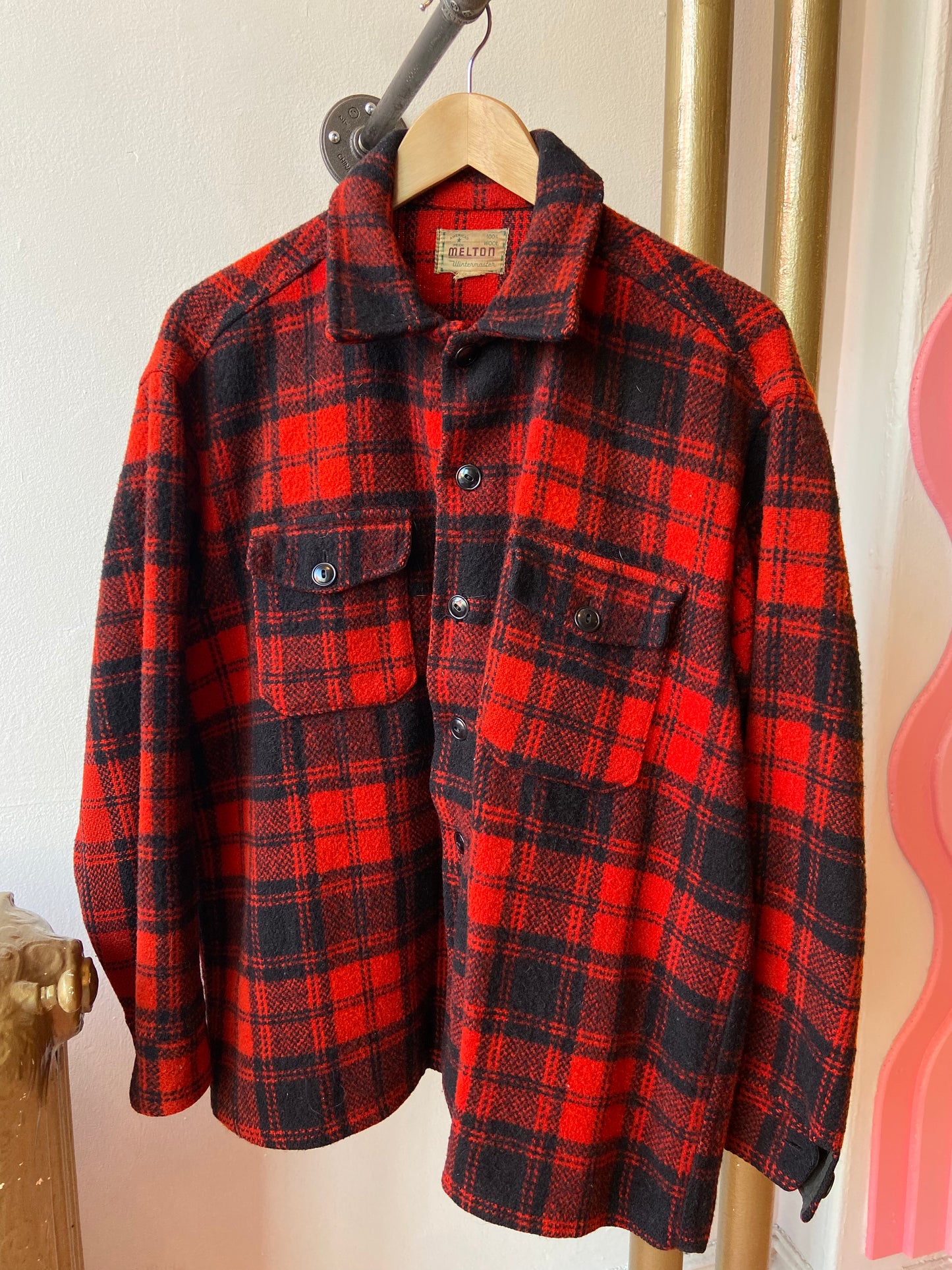 50's Melton Wool Red Plaid Shacket