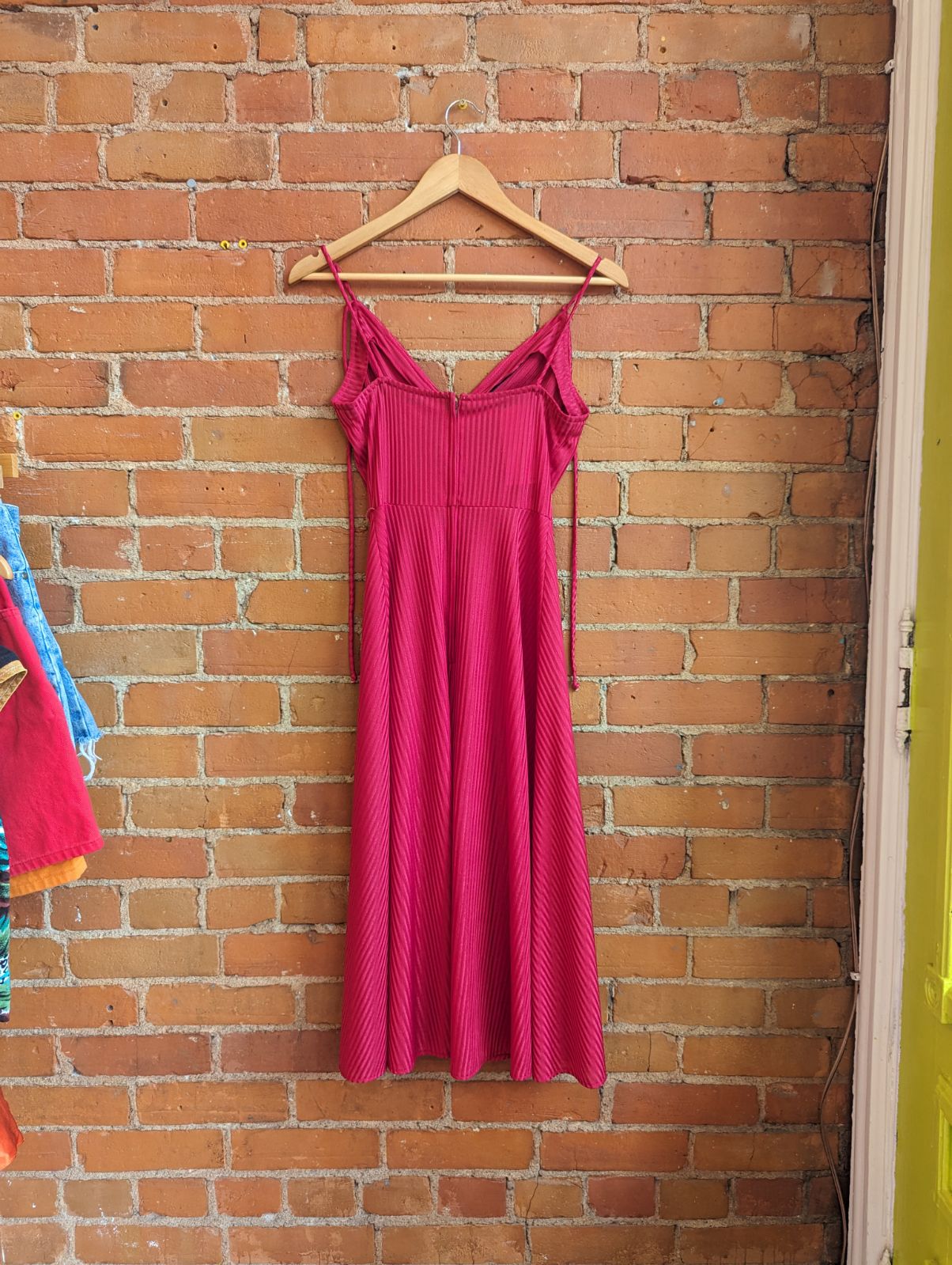 1970s Nu Mode Red Striped Faux Wrap Dress