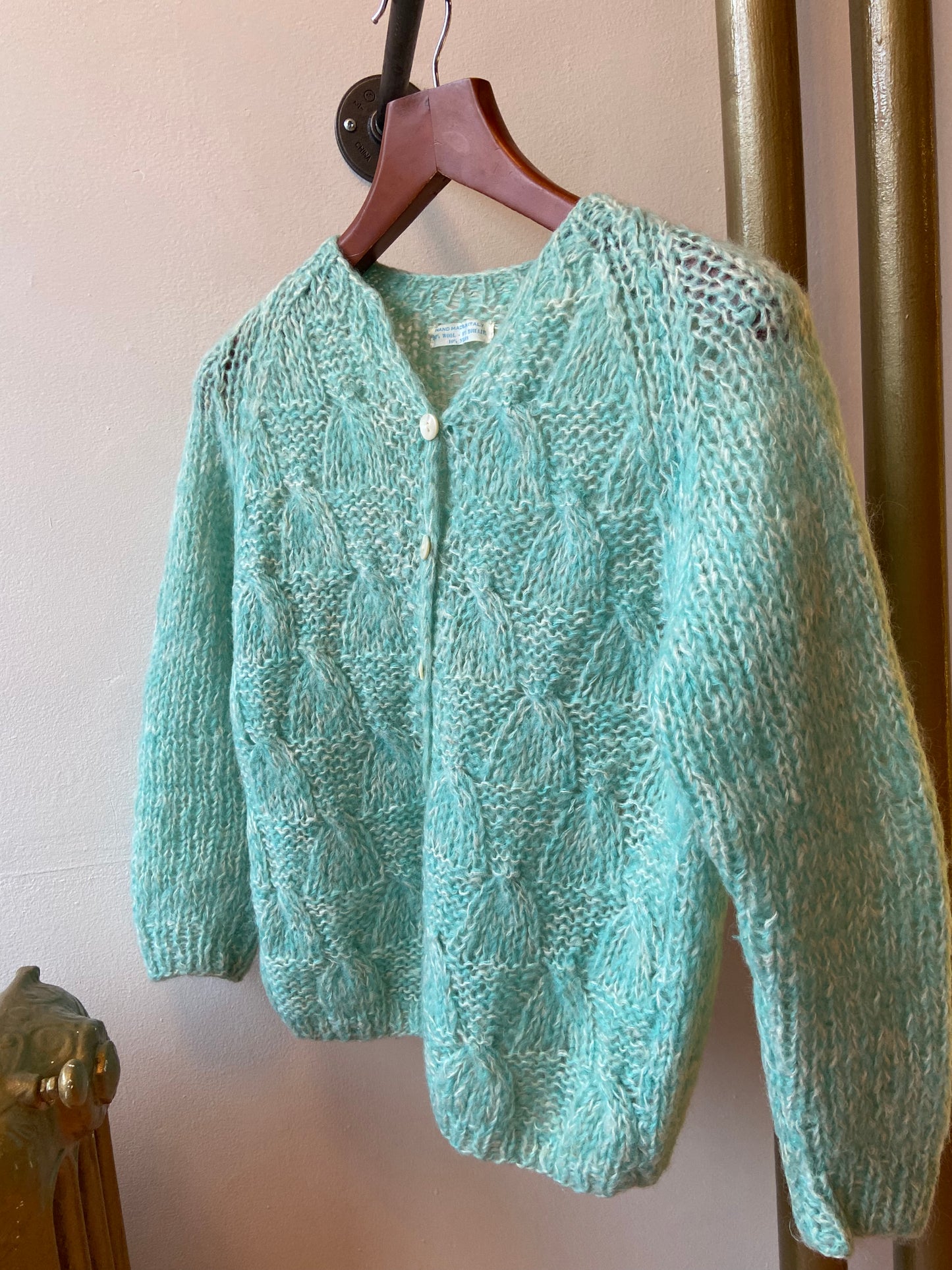 Turquoise Hand Knit Italian Wool & Mohair Cardigan