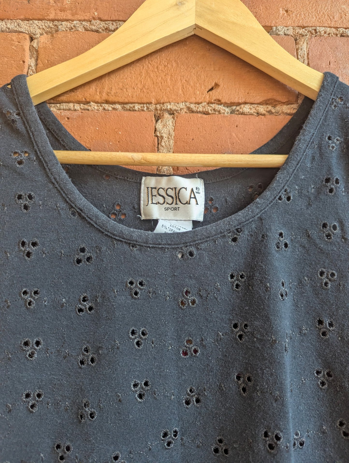 1990s Jessica Sport Black Eyelet Lace Tank Top