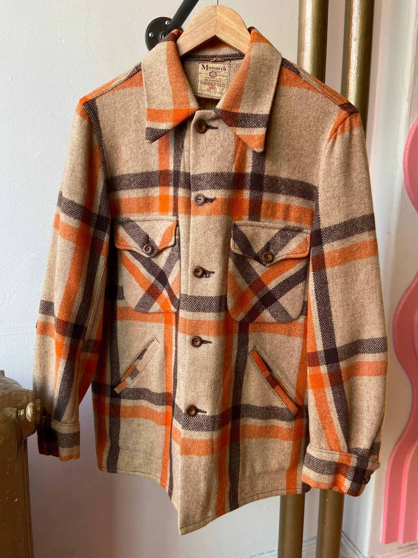 60's Monarch Brown & Orange Wool Plaid Shacket