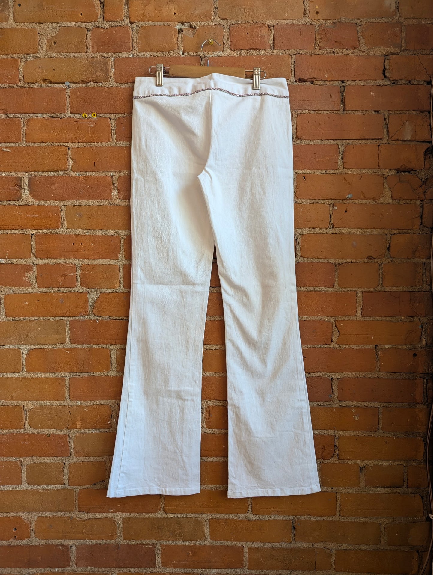 1990s/Y2K Spacegirlz White Flare Pants With Pink Rhinestone Trim