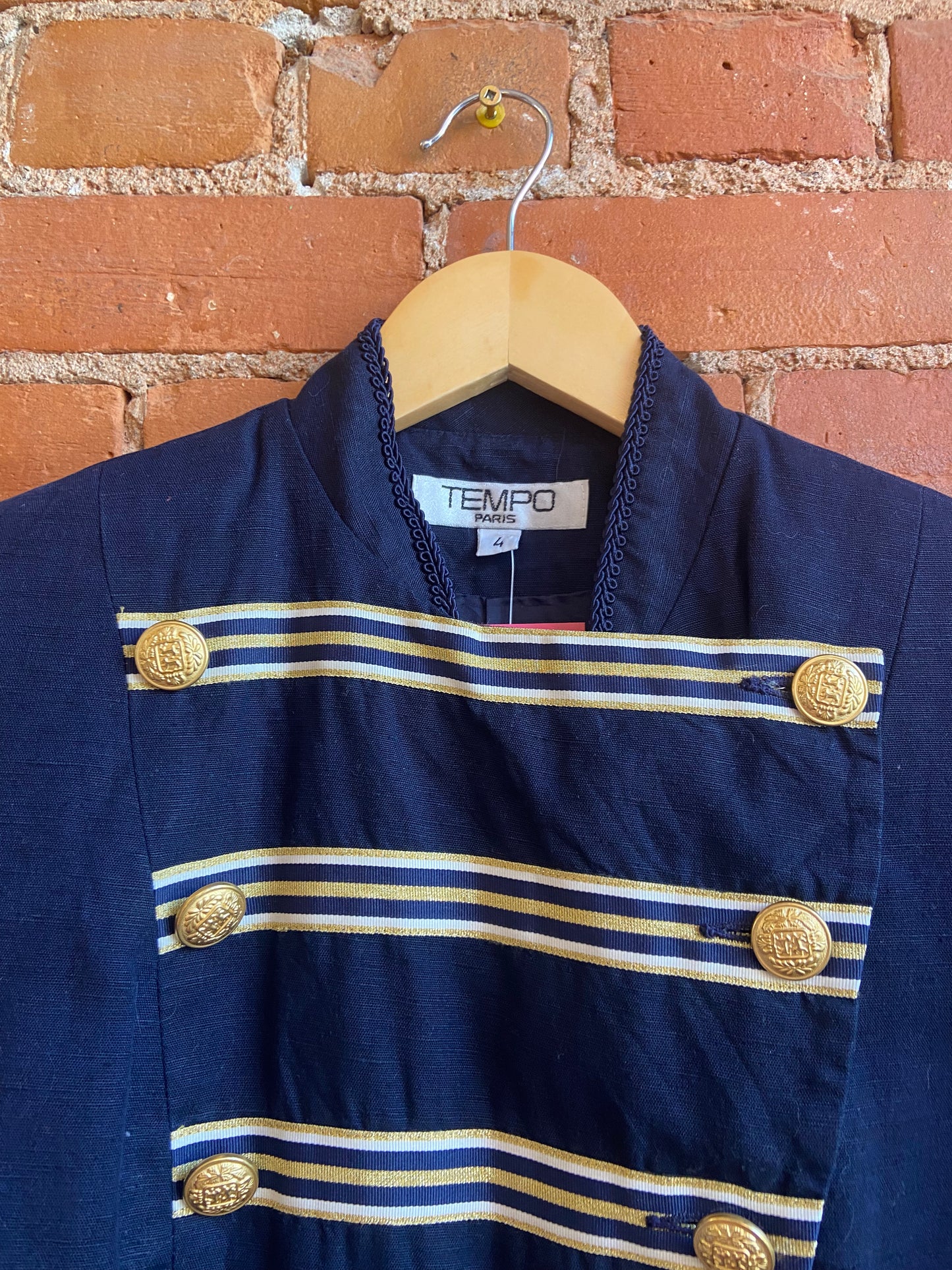 1990s Tempo Paris Navy Blue Cropped Military Style Jacket