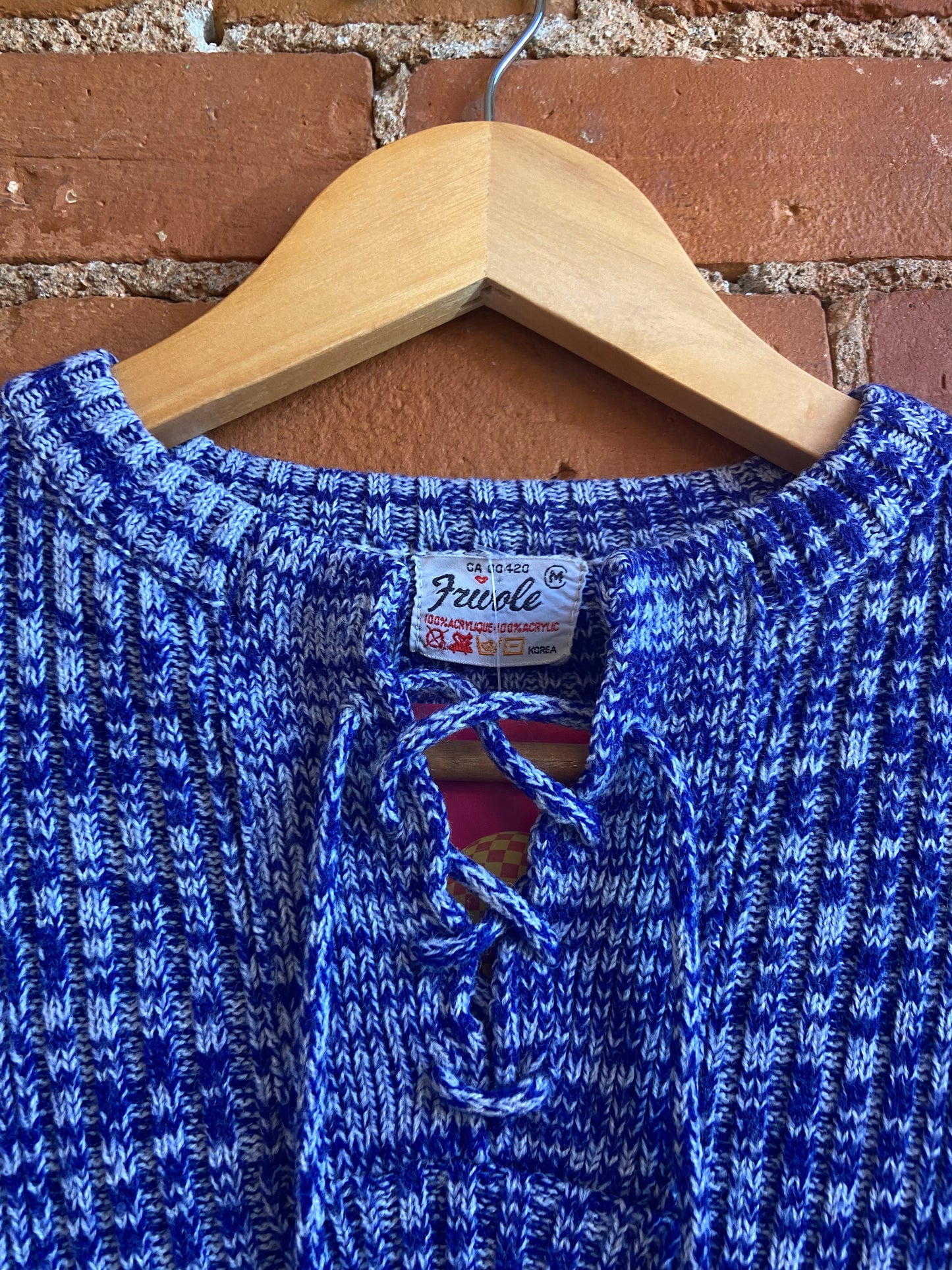 1970s Frivole Blue and White Space Dyed Sweater With Lace Up Neckline