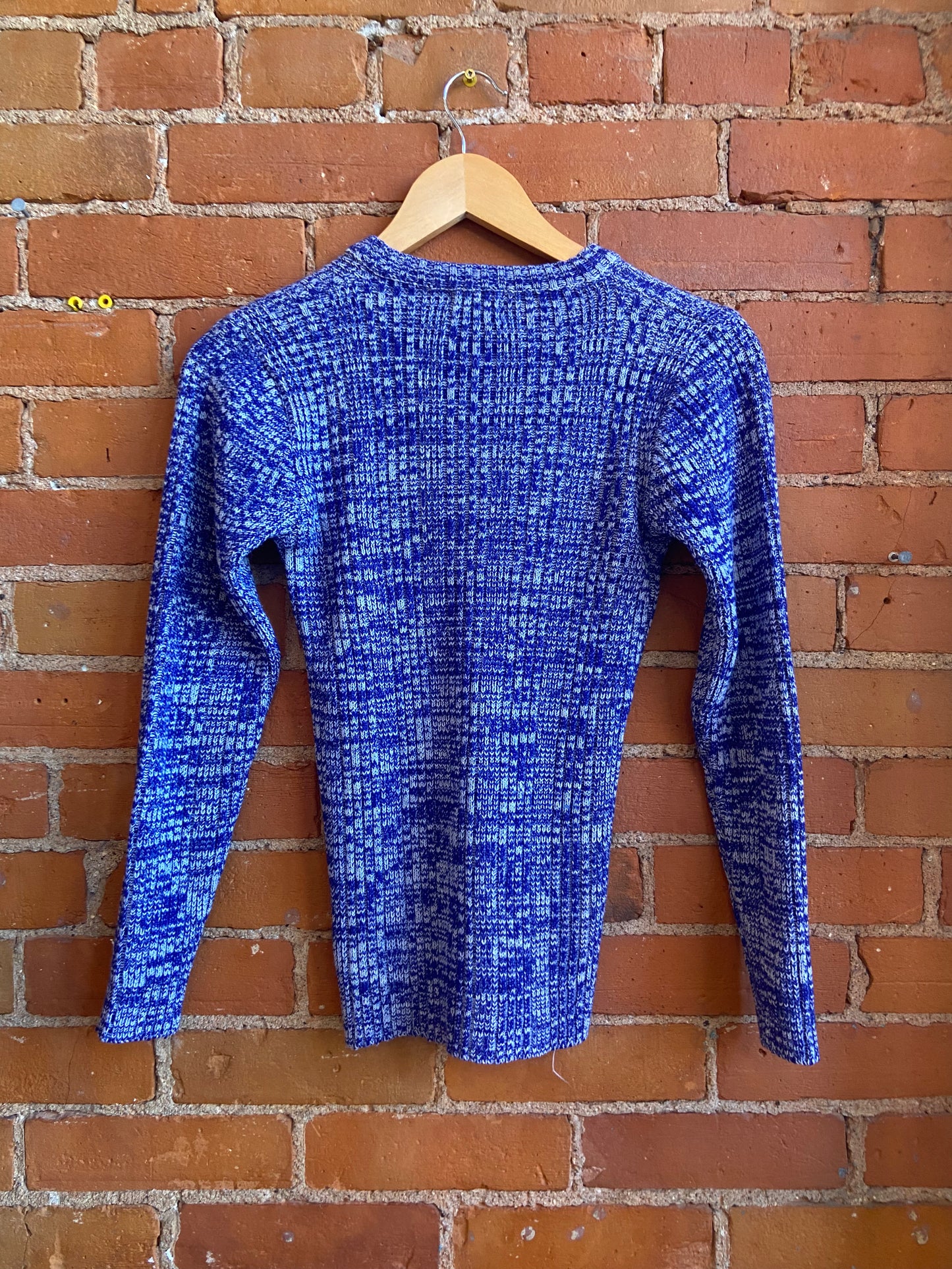 1970s Frivole Blue and White Space Dyed Sweater With Lace Up Neckline