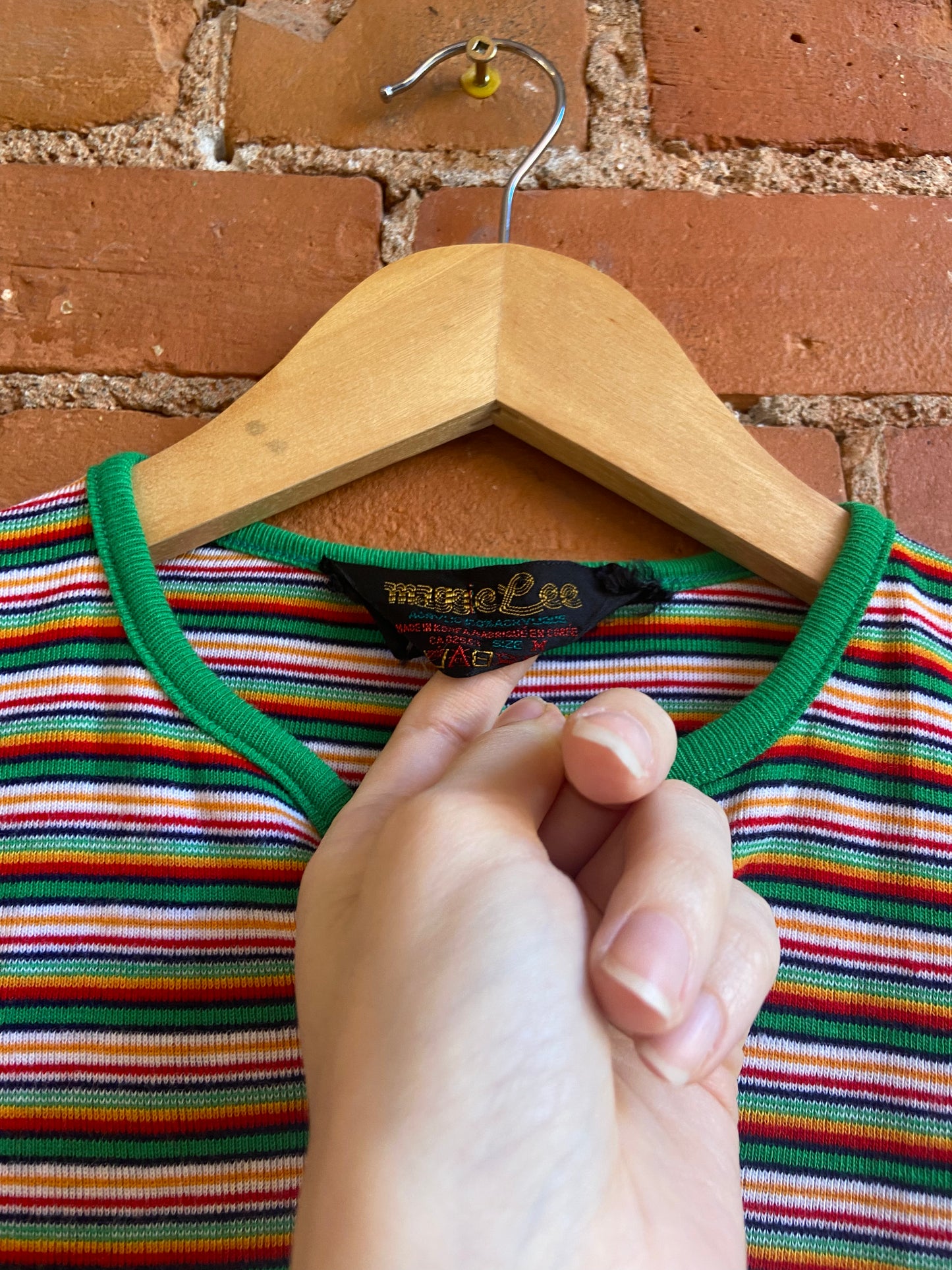 1970s Maggie Lee Rainbow Stripe Notch Neck T-Shirt