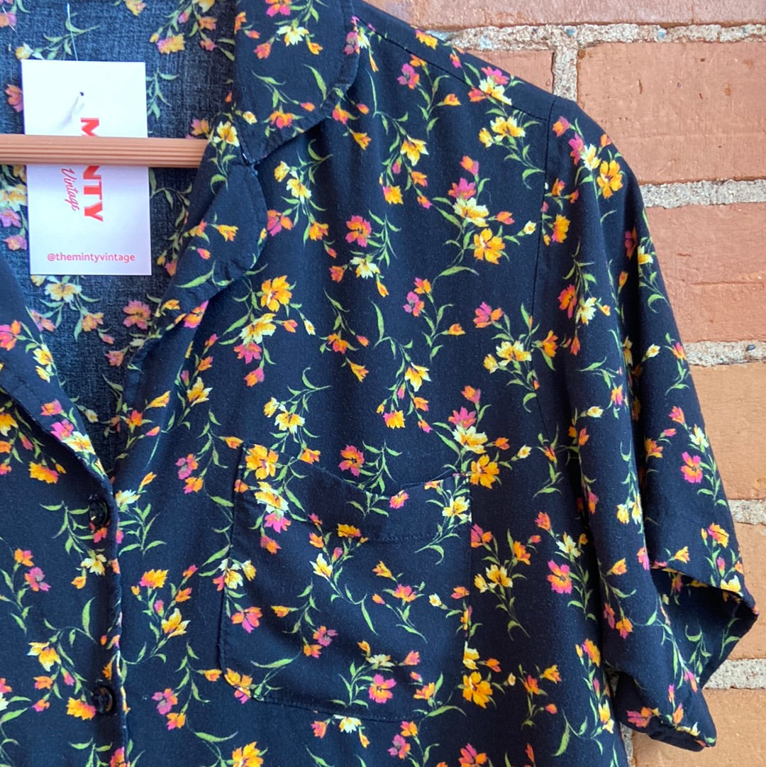 Black Floral Short Sleeve Button-Up