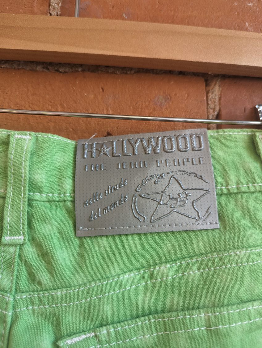1990s or Y2K Hollywood Green Flare Jeans With Flower Print