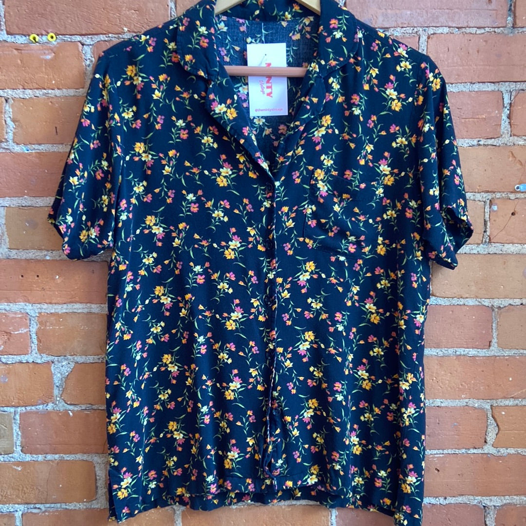 Black Floral Short Sleeve Button-Up