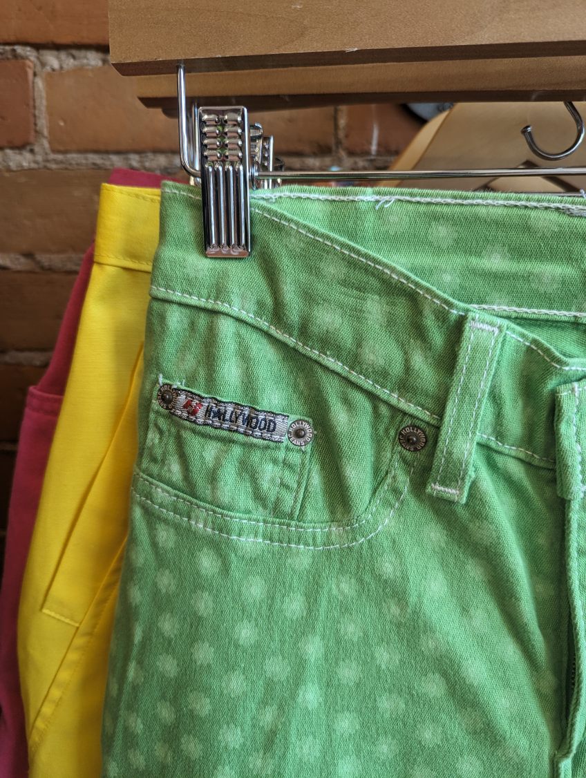 1990s or Y2K Hollywood Green Flare Jeans With Flower Print