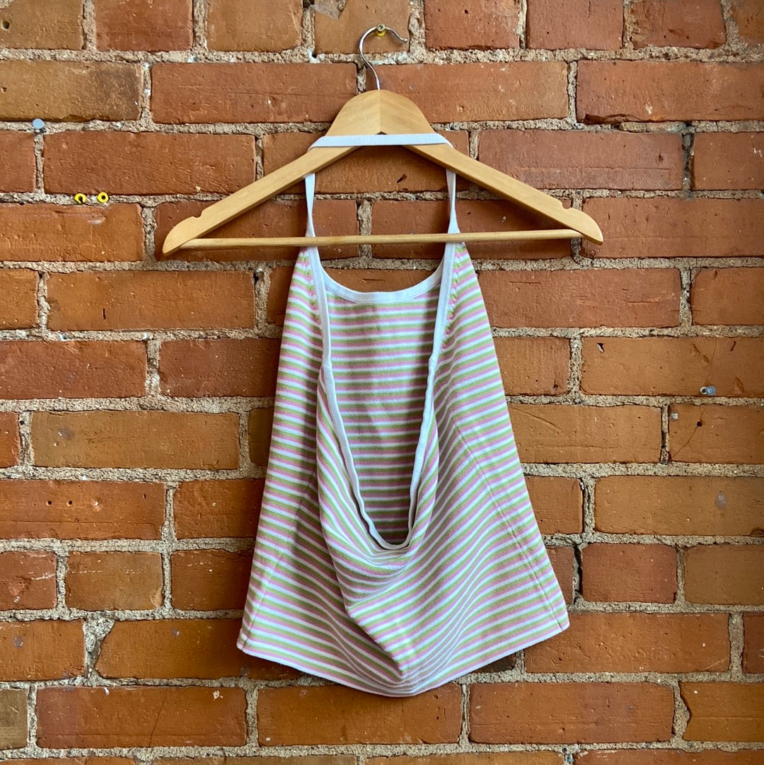 1990s Jones and Co Green, Pink and White Striped Halter Top