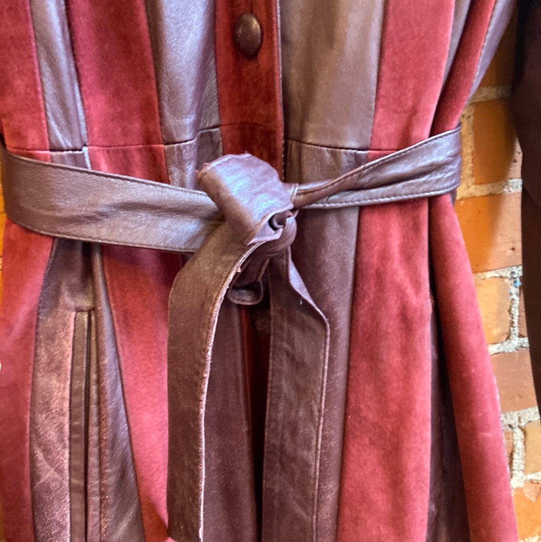 Burgundy Leather and Suede Trench Coat