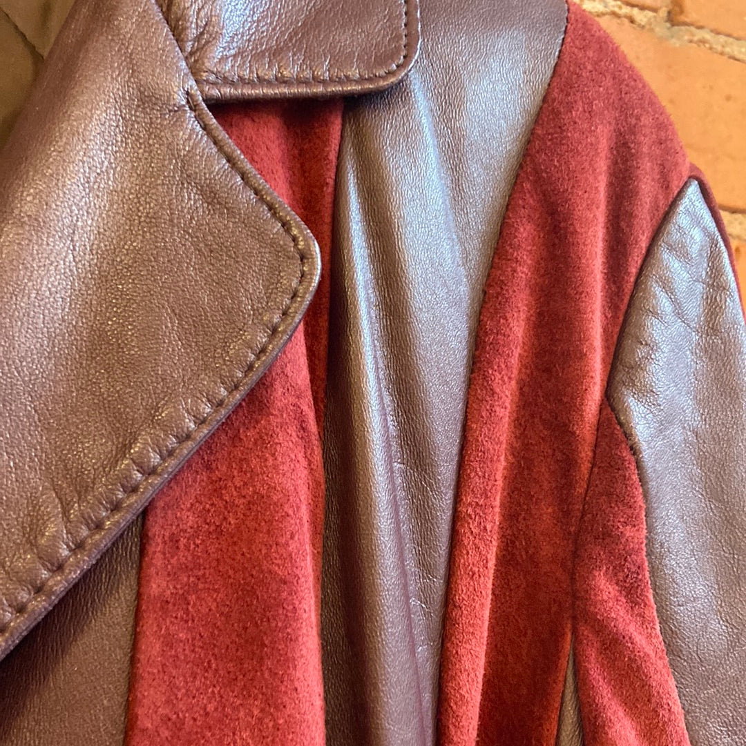 Burgundy Leather and Suede Trench Coat