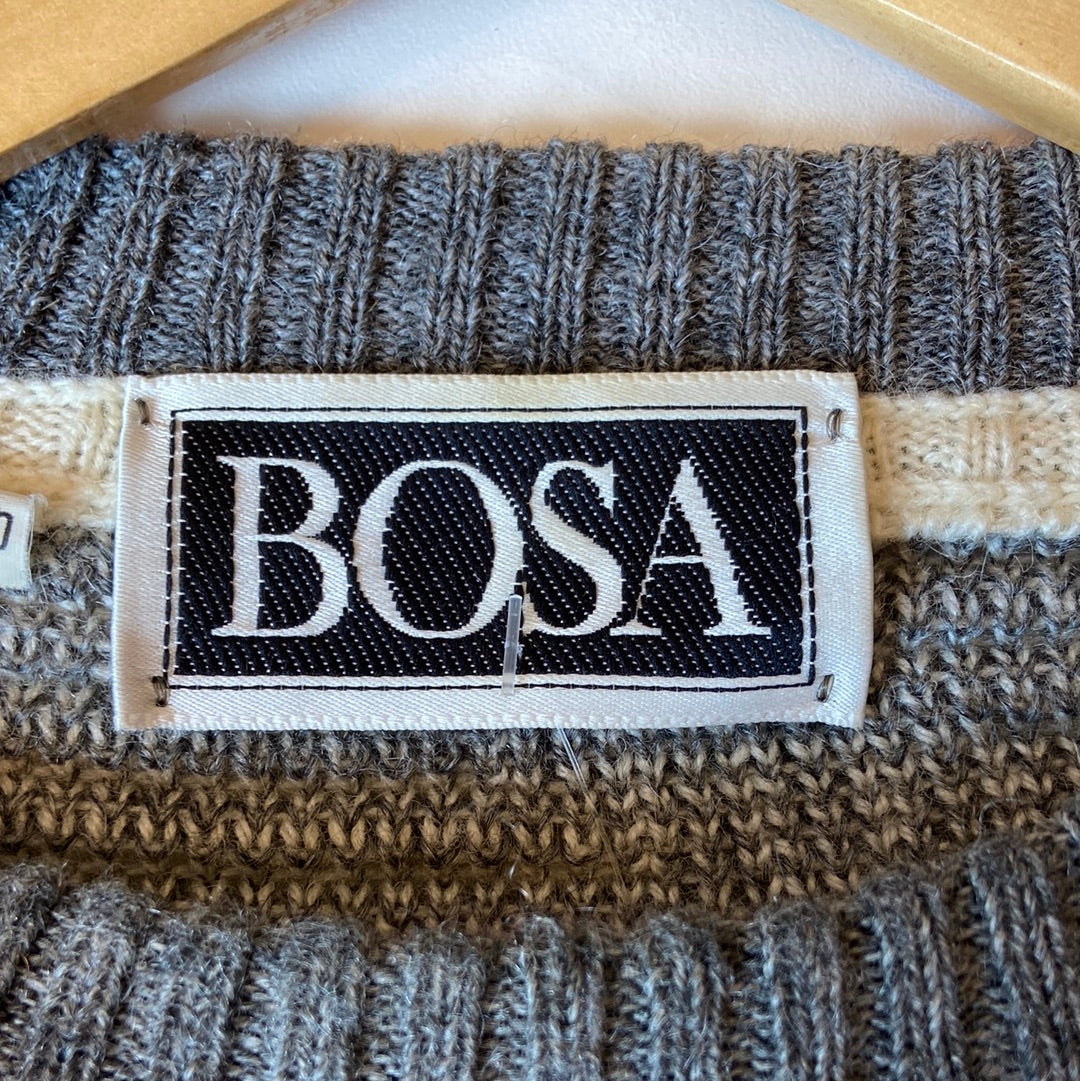 1990s Grey BOSA Grandpa Sweater With Leather Strips