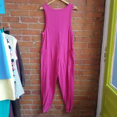 1980s Dark Pink Button Front Jumpsuit