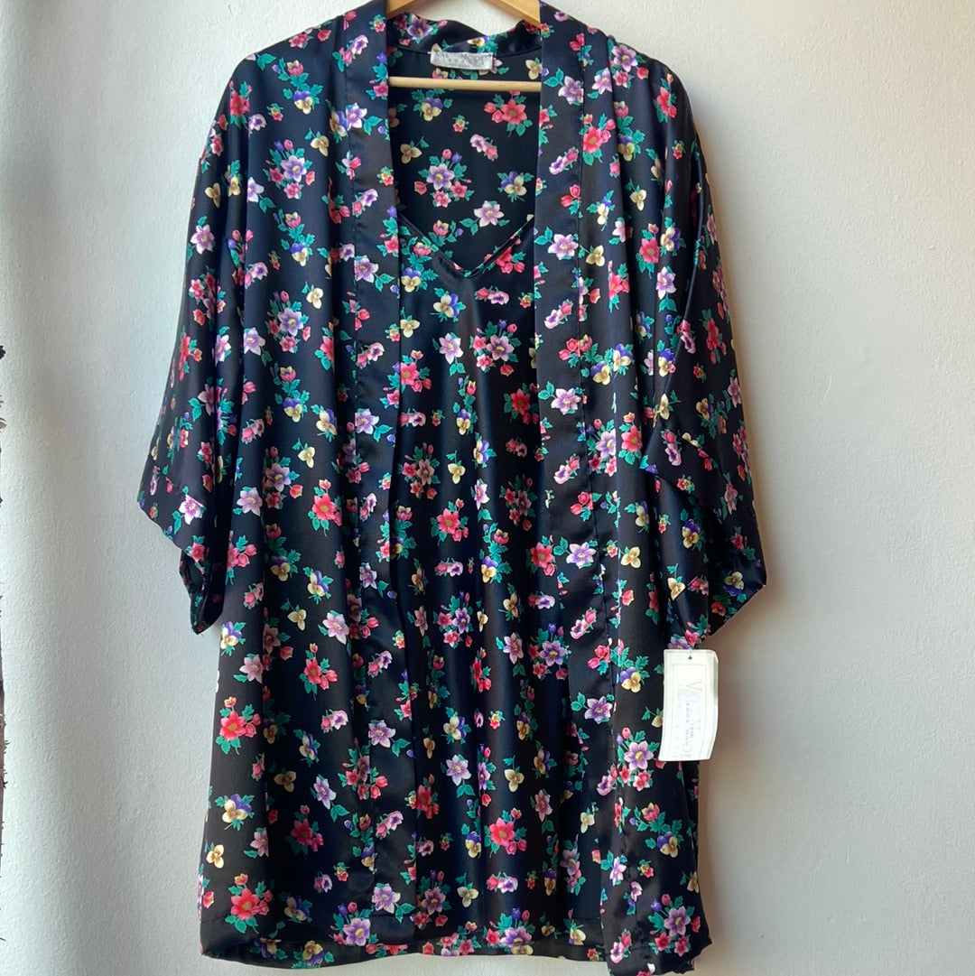Deadstock Black Floral Slip & Robe Set
