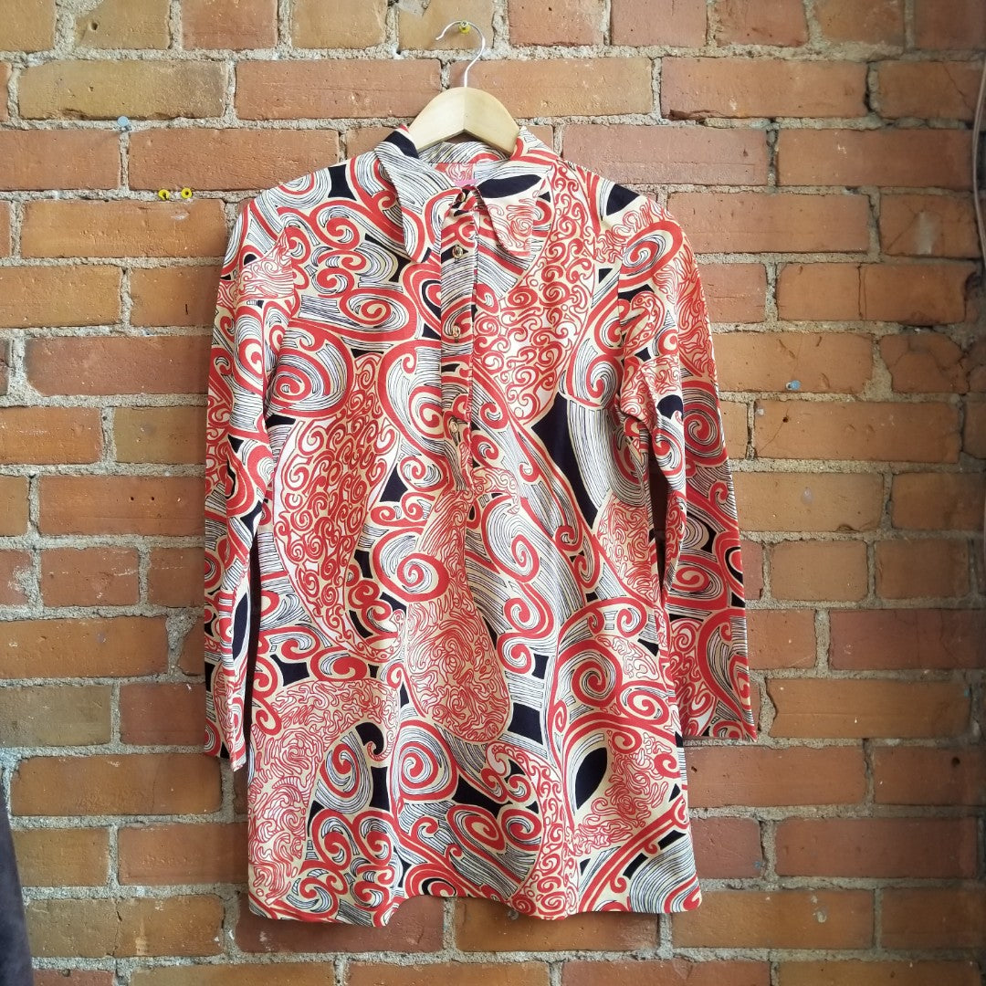 1970s Groovy Print Dagger Collar Blouse