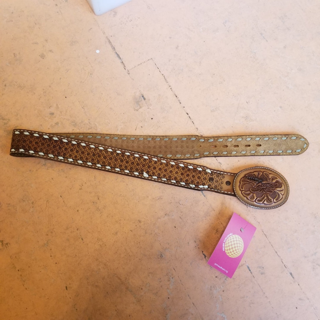 1970s Wild Rose Hand Tooled Brown Leather Belt