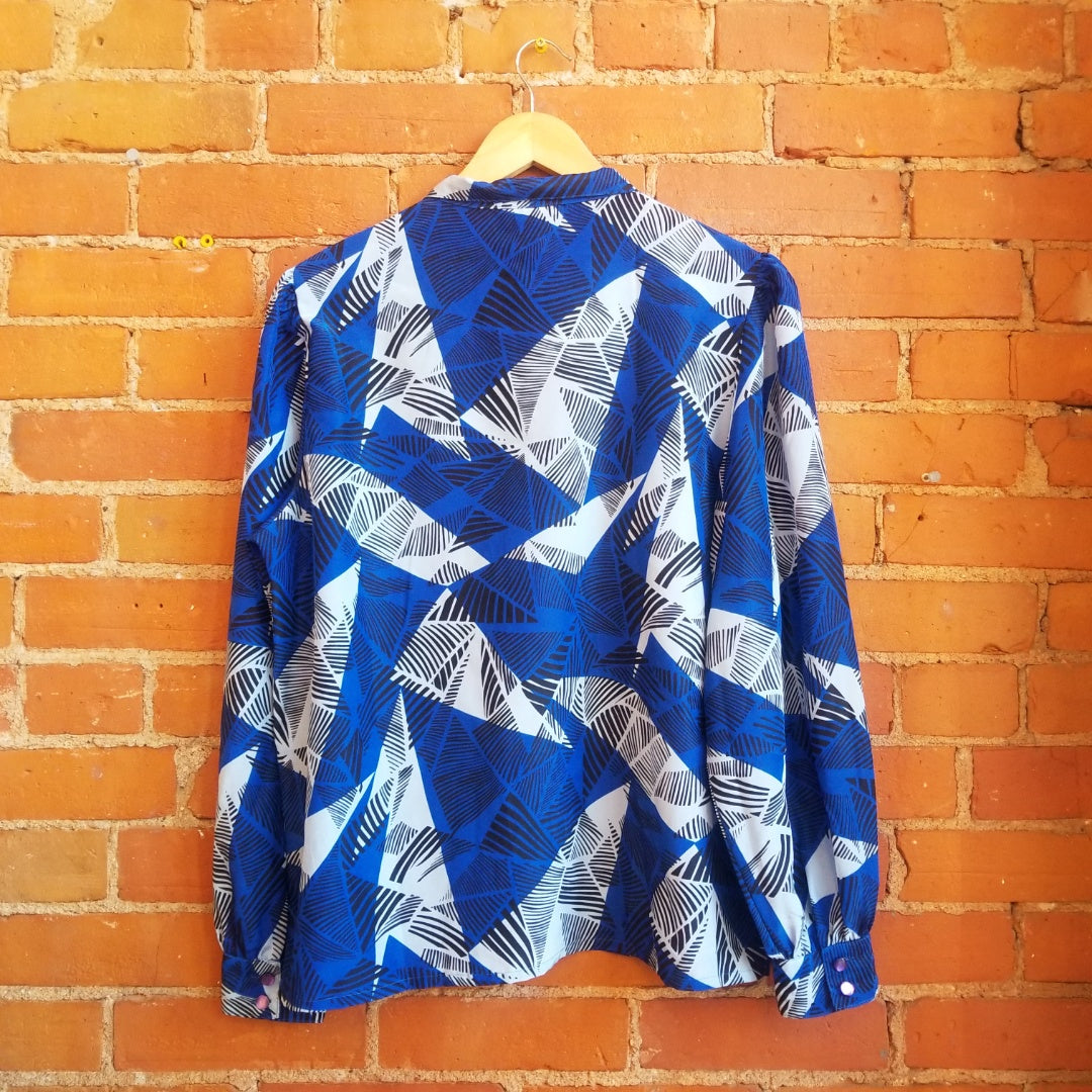 1980s En Vogue Blue Geometric Print Blouse