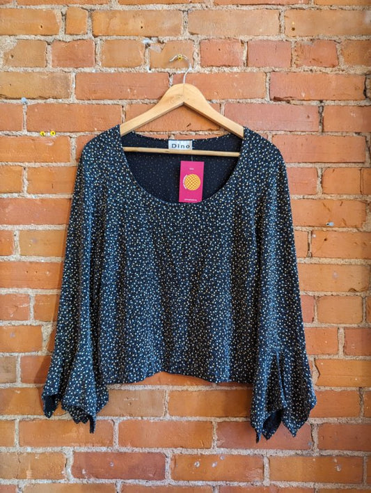 1990s Dino Black Glittery Top With Flare Sleeves