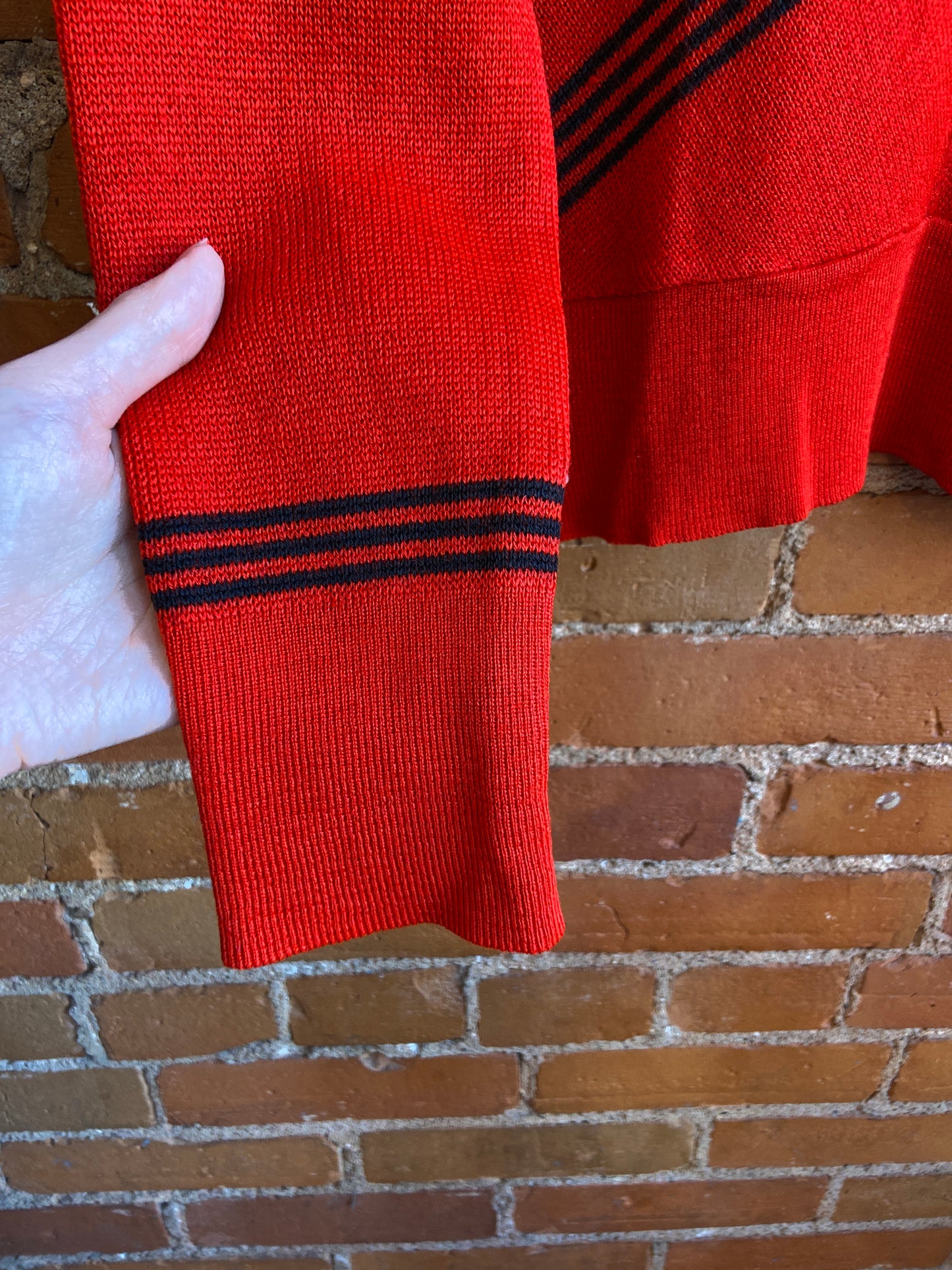 1970s Petit Franke Red, Black and White Diagonal Stripe Turtleneck Sweater